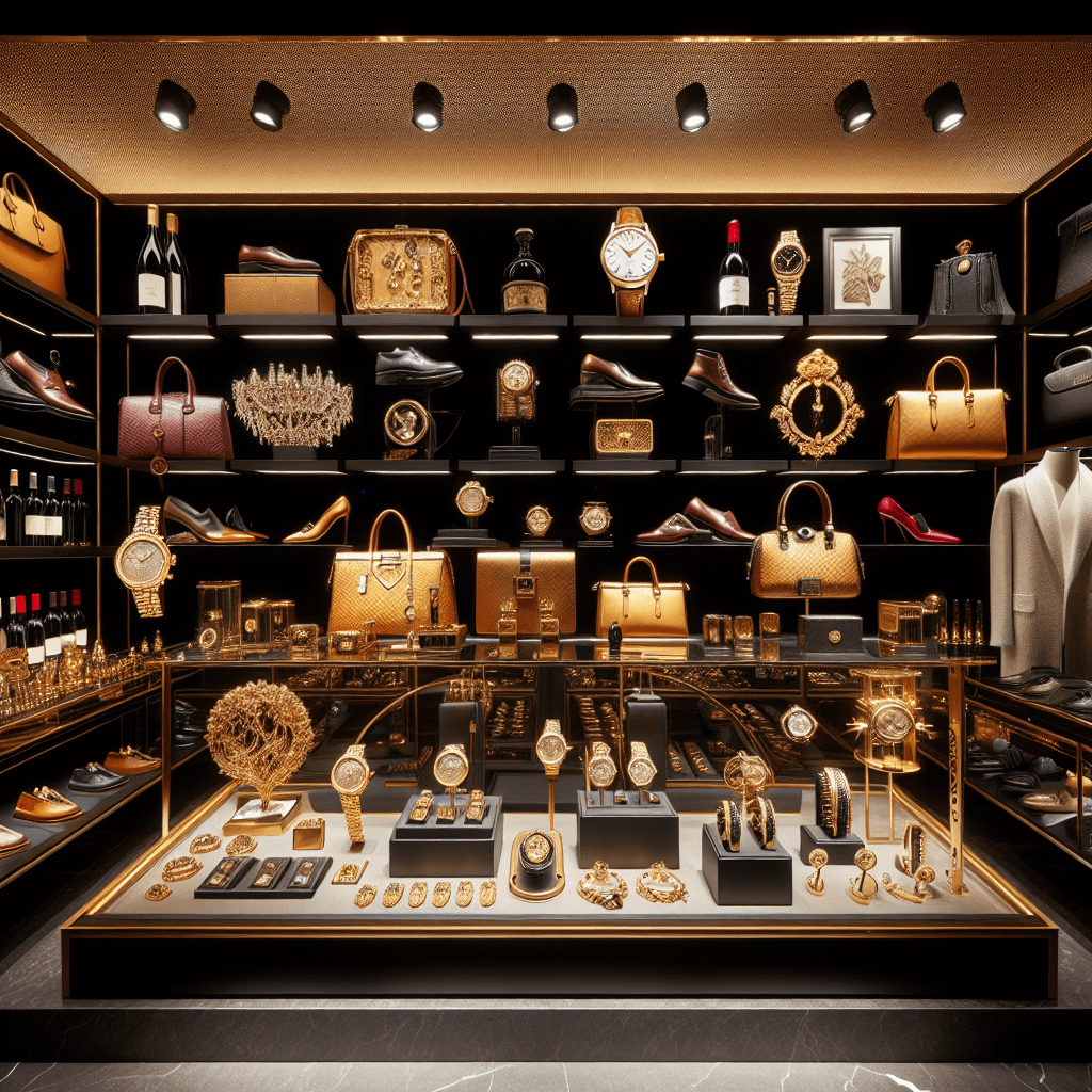 An opulent boutique display featuring a variety of luxury goods, including watches, jewelry, handbags, and accessories.