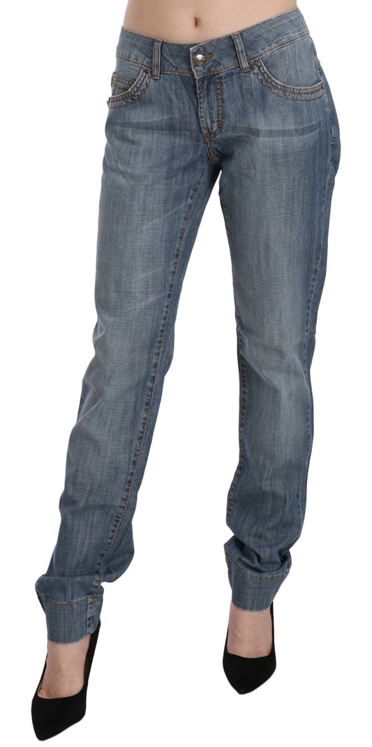 Just Cavalli Blue Washed Cotton Slim Fit Denim-Hose mit niedriger Taille