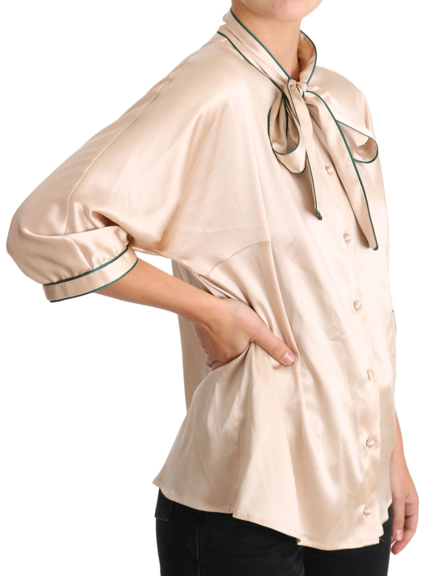 Dolce &amp; Gabbana Beige Ribbon Silk Stretch Top Blouse