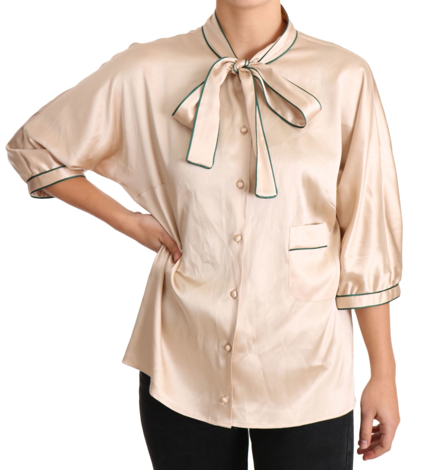 Dolce &amp; Gabbana Beige Ribbon Silk Stretch Top Blouse