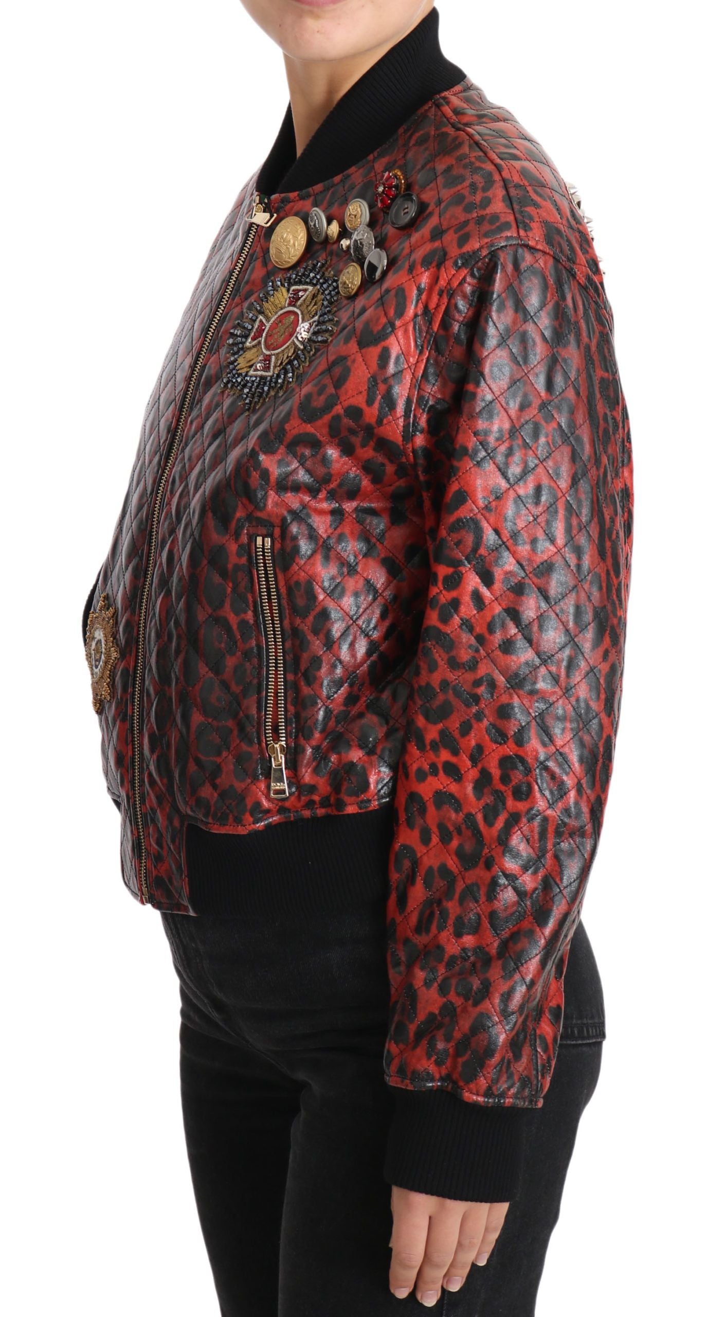 Dolce &amp; Gabbana Red Leopard Button Crystal Leather Jacket