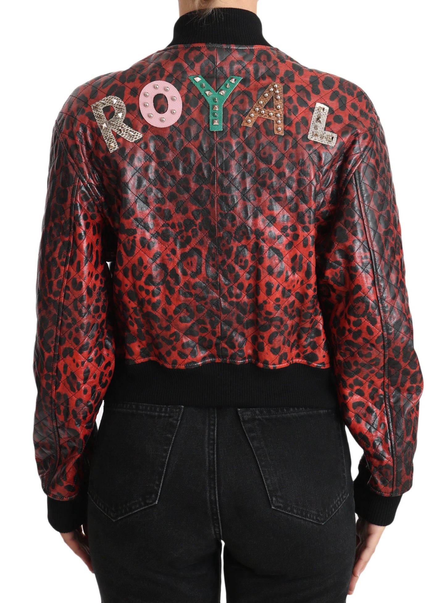 Dolce &amp; Gabbana Red Leopard Button Crystal Leather Jacket