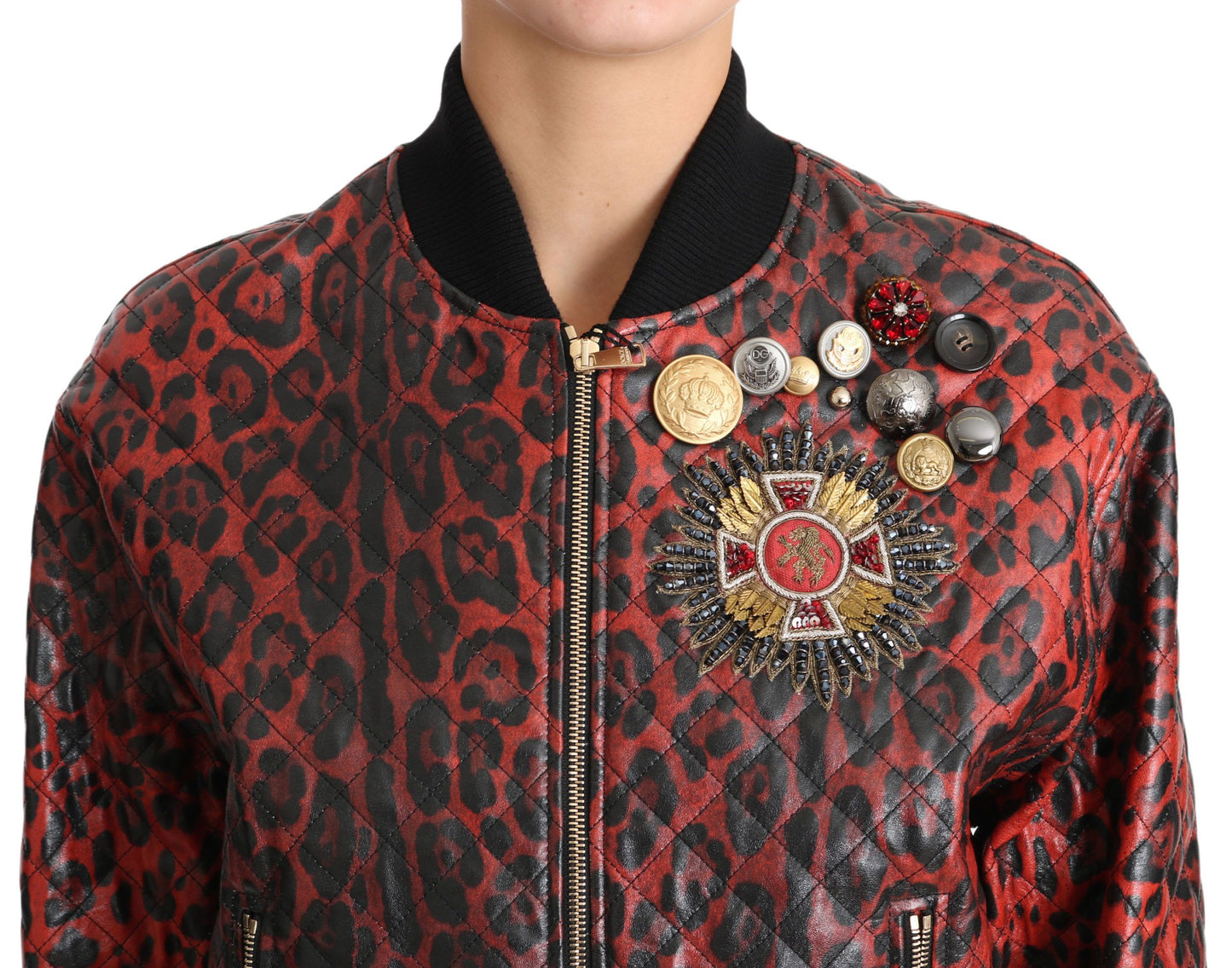 Dolce &amp; Gabbana Red Leopard Button Crystal Leather Jacket