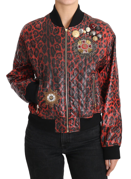 Dolce &amp; Gabbana Red Leopard Button Crystal Leather Jacket