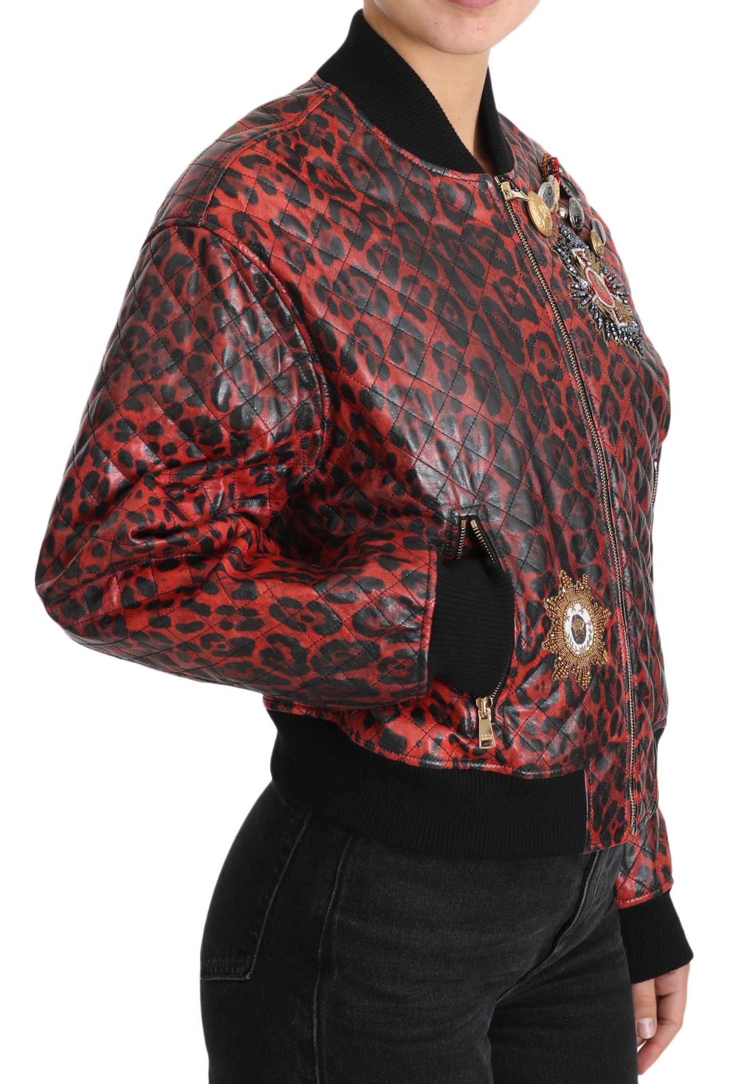 Dolce &amp; Gabbana Rote Lederjacke mit Leopardenknöpfen und Kristallen