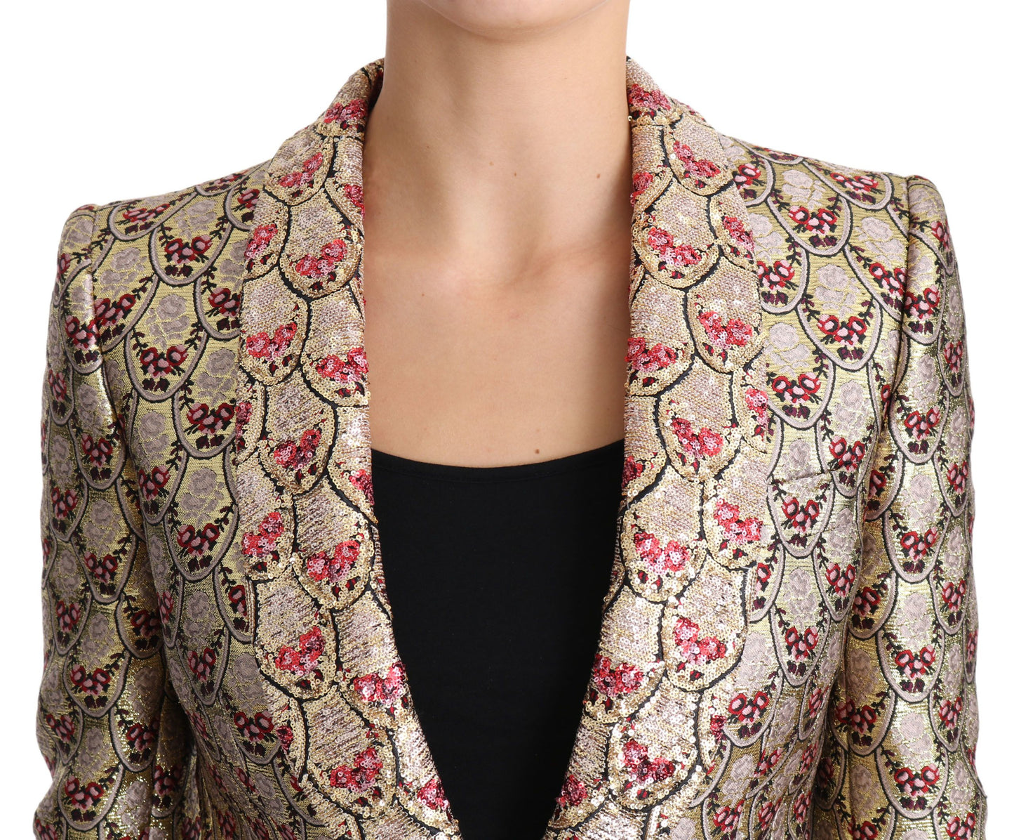 Dolce &amp; Gabbana Blazer-Manteljacke mit goldenem Blumenmuster und Pailletten