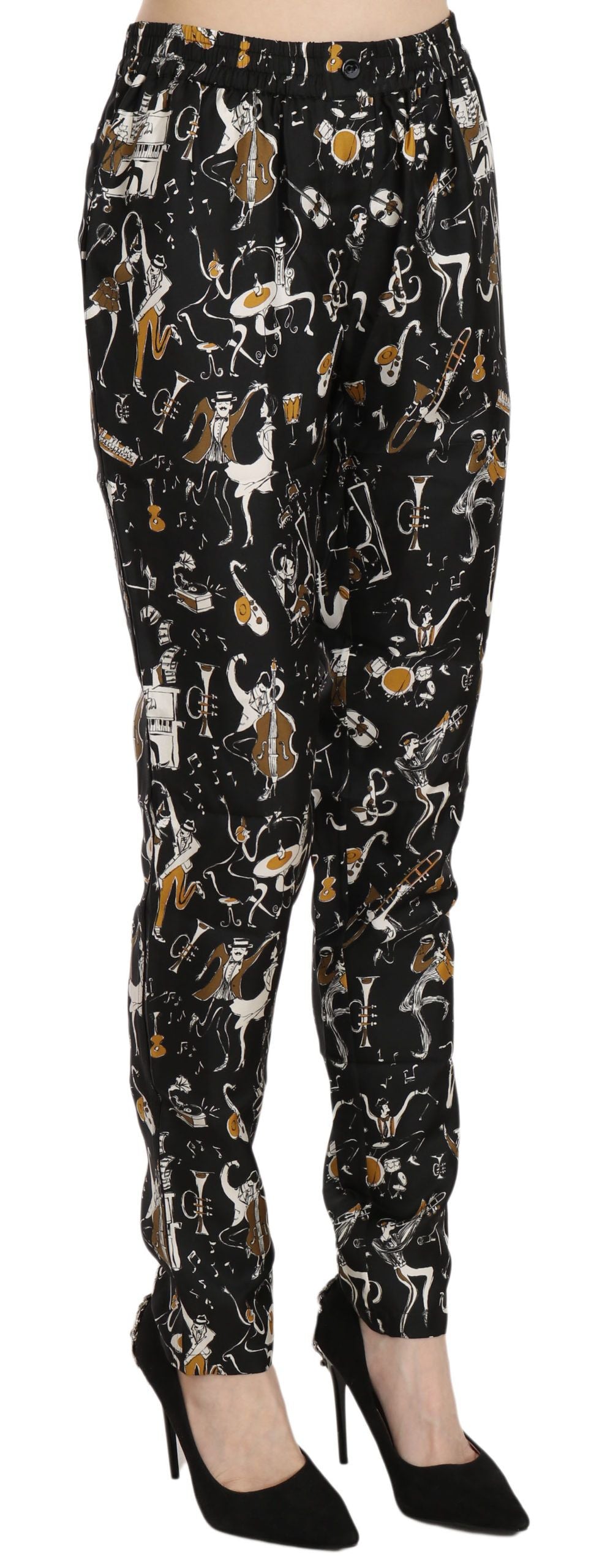 Dolce &amp; Gabbana – Schwarze, schmal zulaufende Hose mit „Jazz Club“-Print und hoher Taille