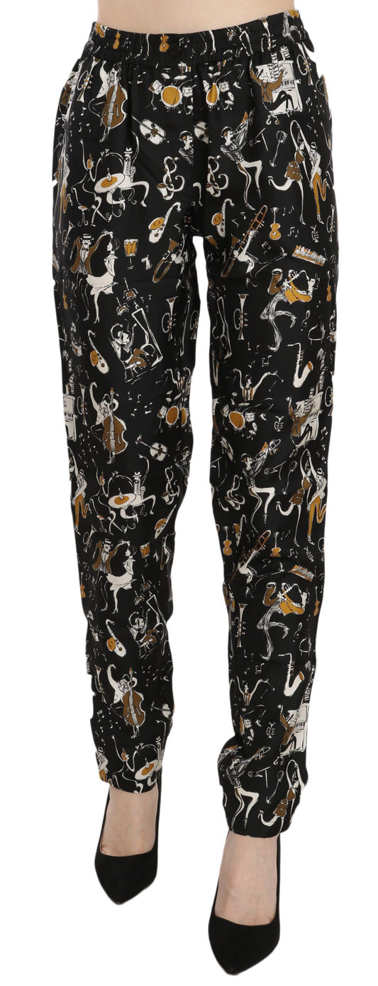 Dolce &amp; Gabbana Black Jazz Club Print High Waist Tapered Pants