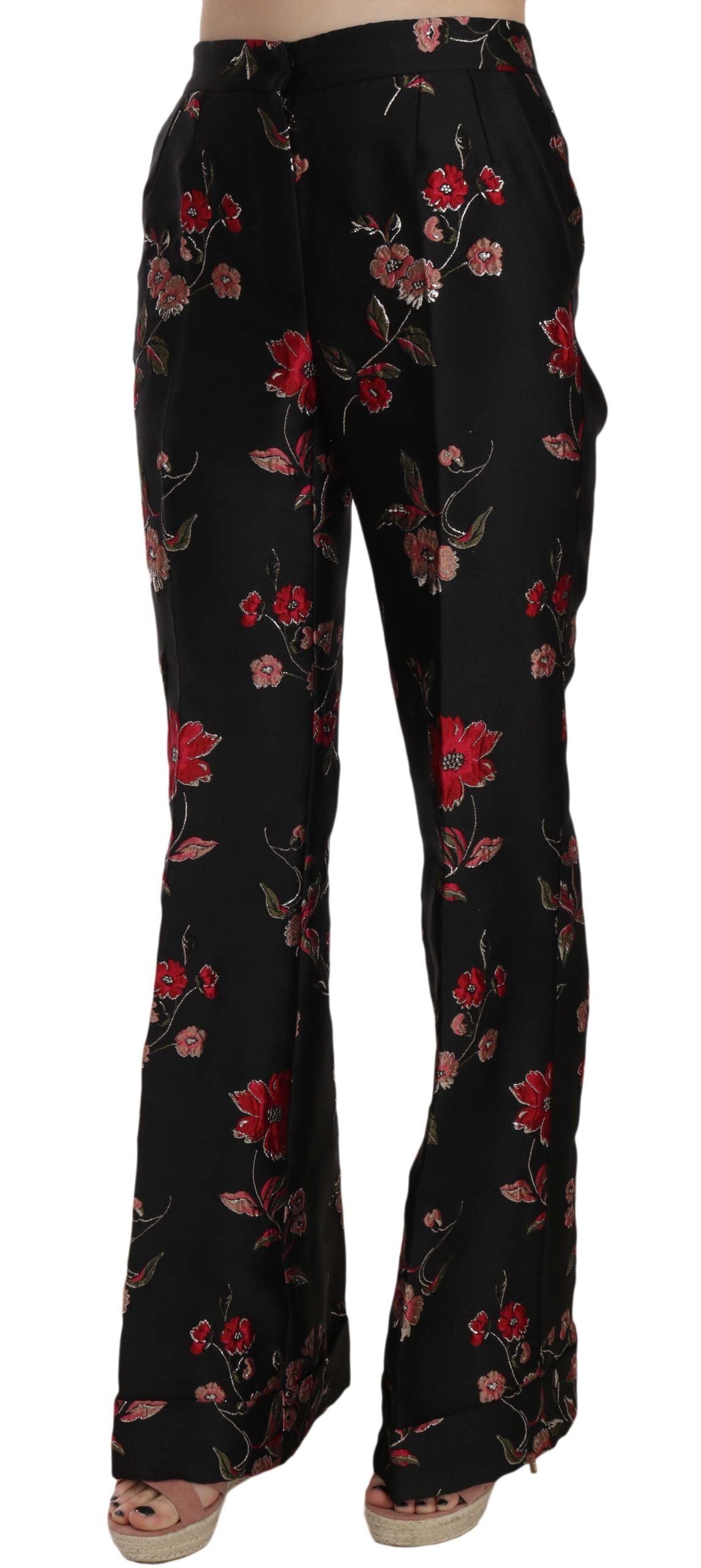 Dolce &amp; Gabbana Floral Print Black Boot Cut Trouser Pants