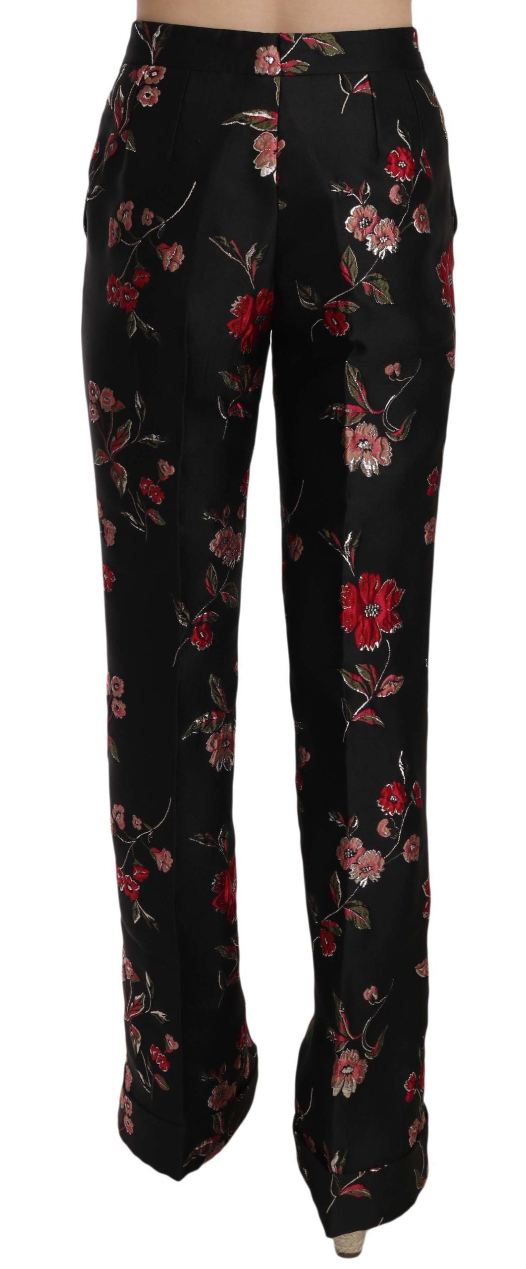 Dolce &amp; Gabbana Floral Print Black Boot Cut Trouser Pants