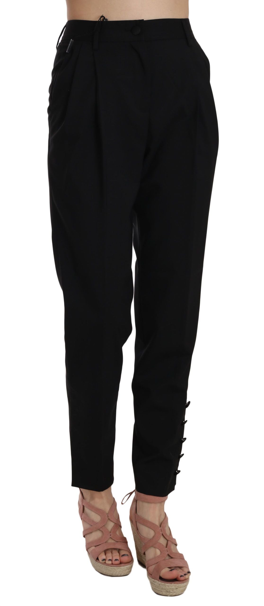 Dolce &amp; Gabbana Black Button Pleated Tapered Trouser Pants