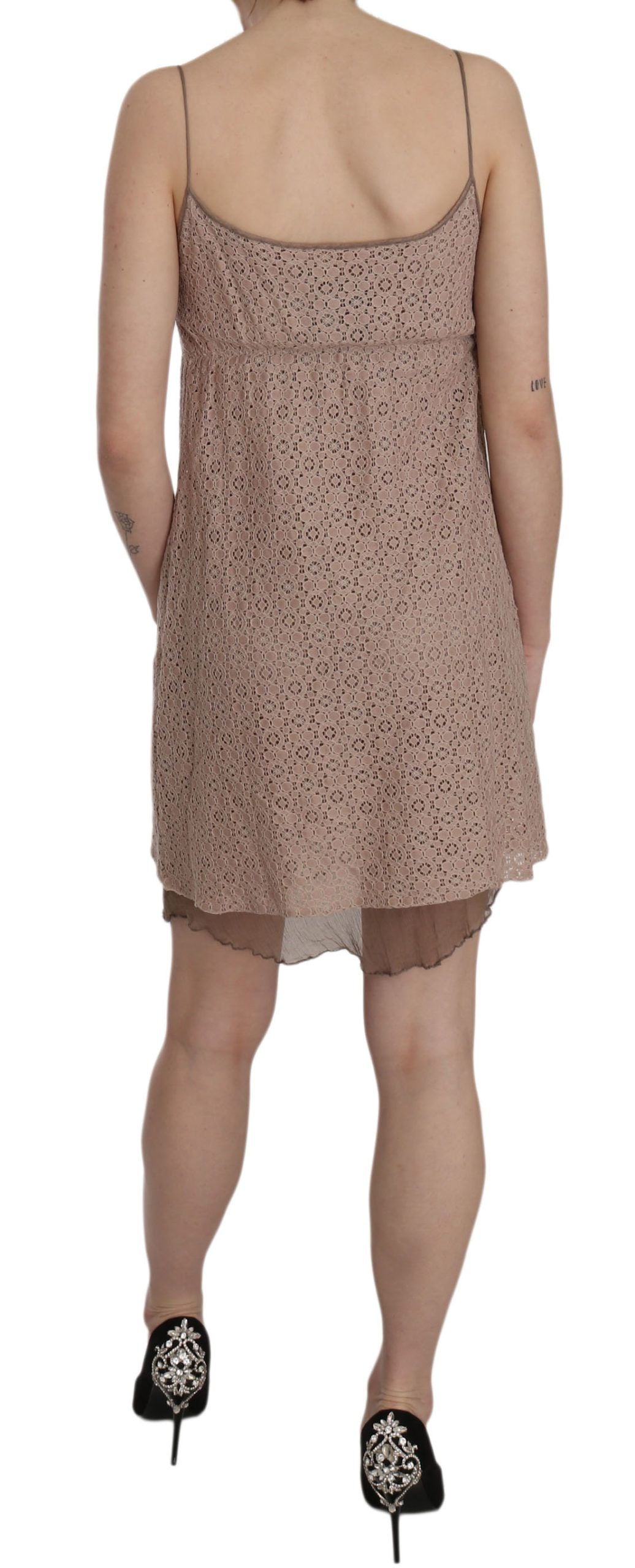 PINK MEMORIES Beige Spaghetti Strap A-line na Mini Cotton Dress