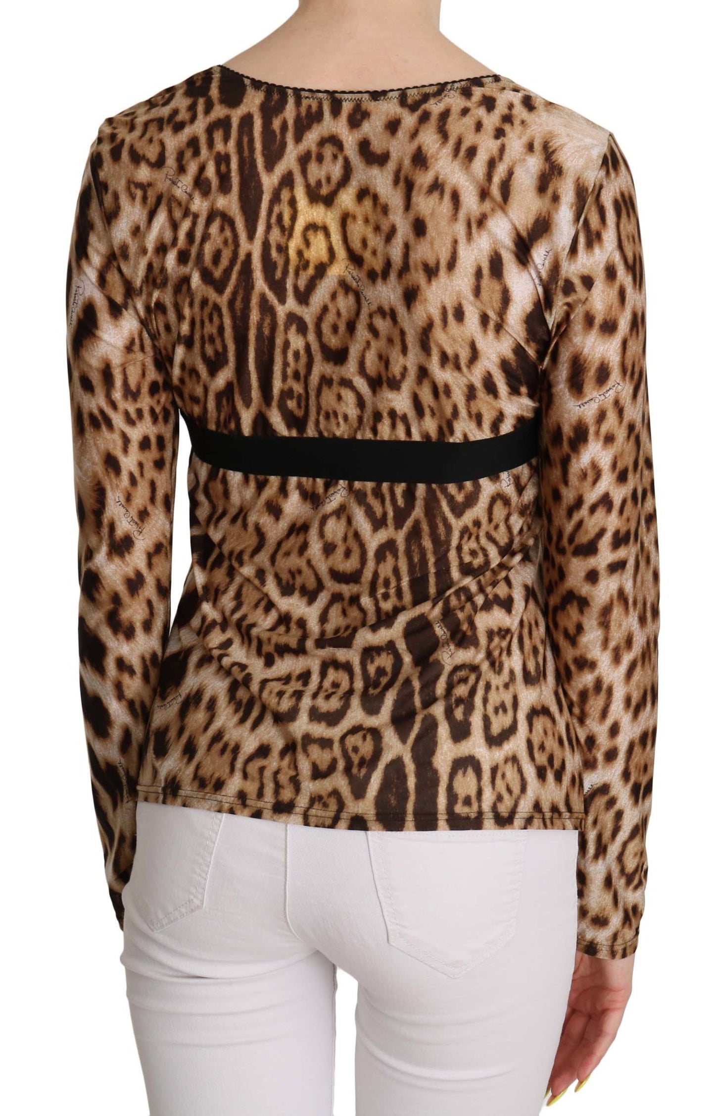 Roberto Cavalli Braune Damenbluse mit Rundhalsausschnitt und Leopardenmuster