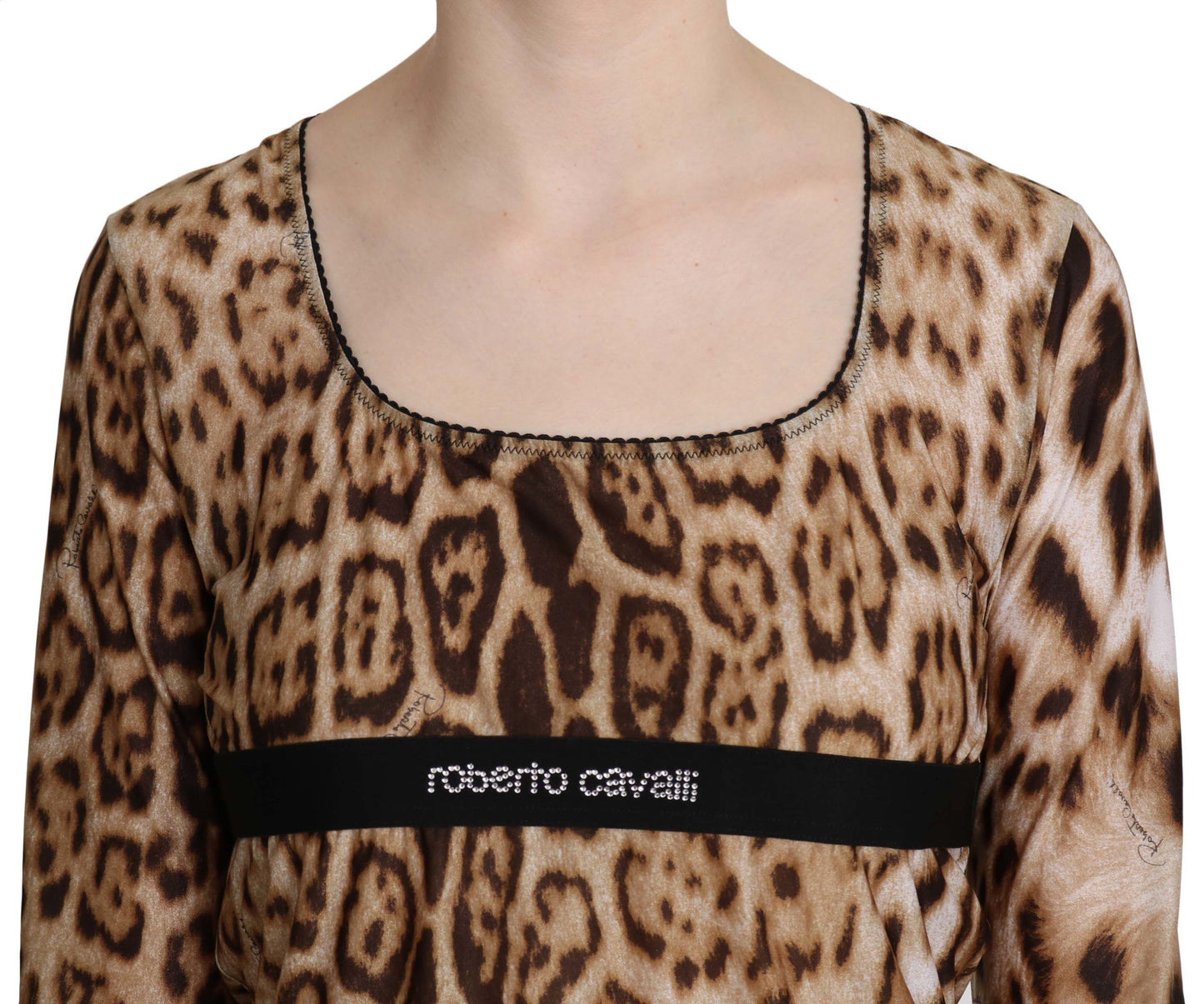 Roberto Cavalli Braune Damenbluse mit Rundhalsausschnitt und Leopardenmuster