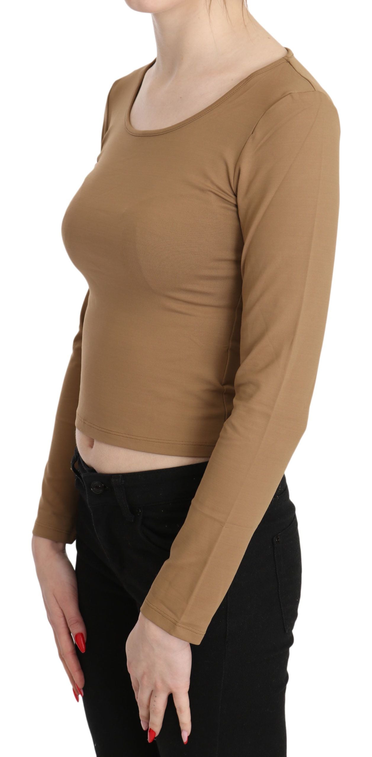 GF Ferre Braune, langärmlige, schmal geschnittene Crop-Top-Bluse mit Rundhalsausschnitt