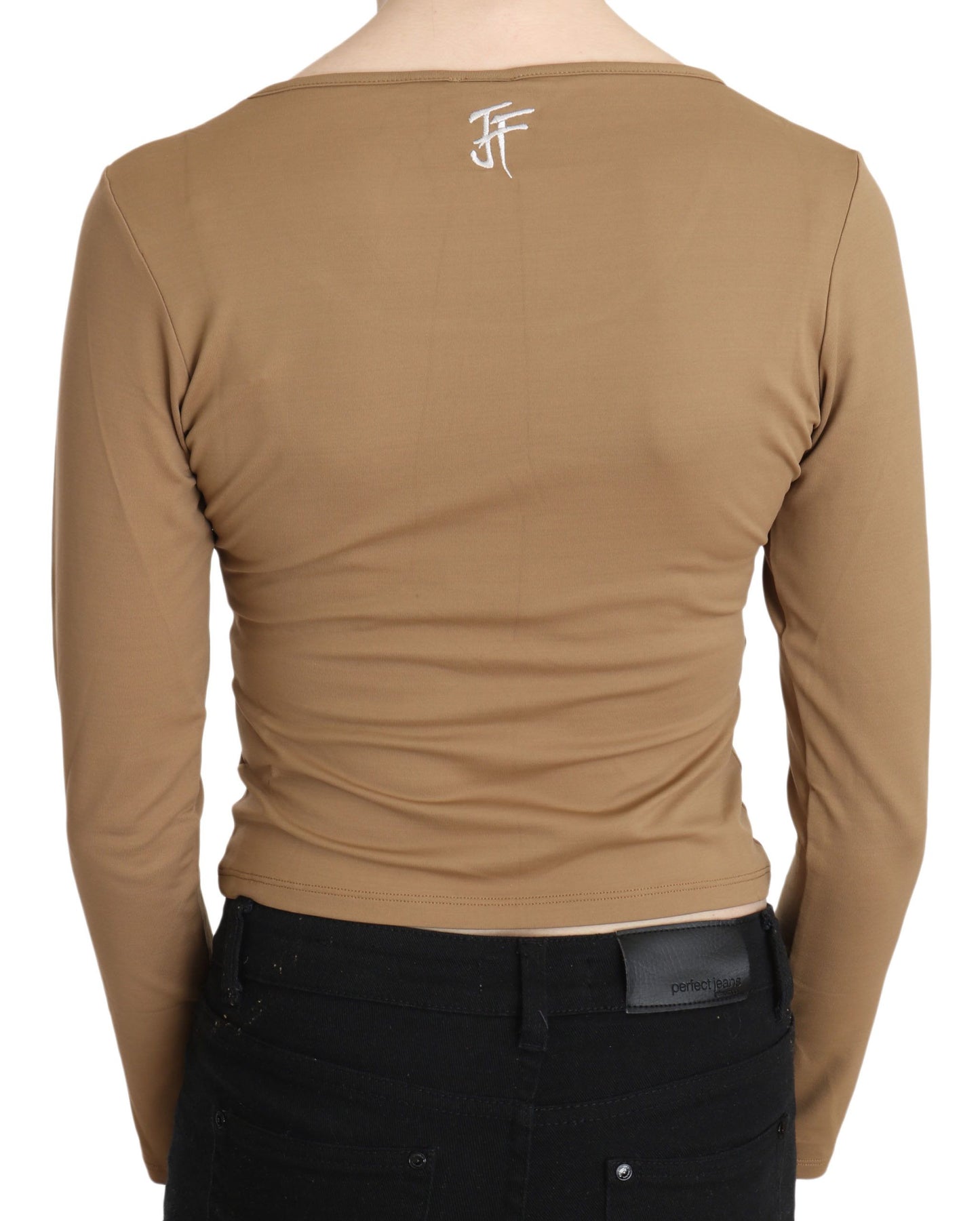 GF Ferre Brown Round Neck Long Slim Crop Top Blouse