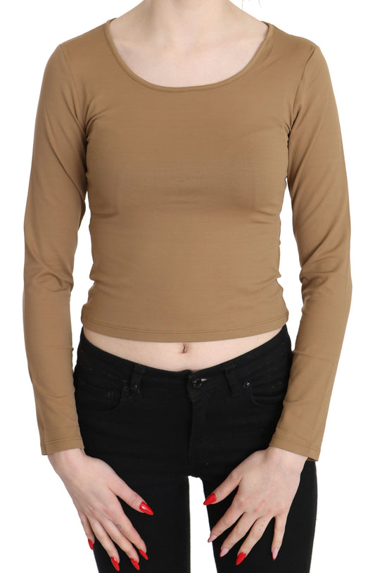 GF Ferre Braune, langärmlige, schmal geschnittene Crop-Top-Bluse mit Rundhalsausschnitt