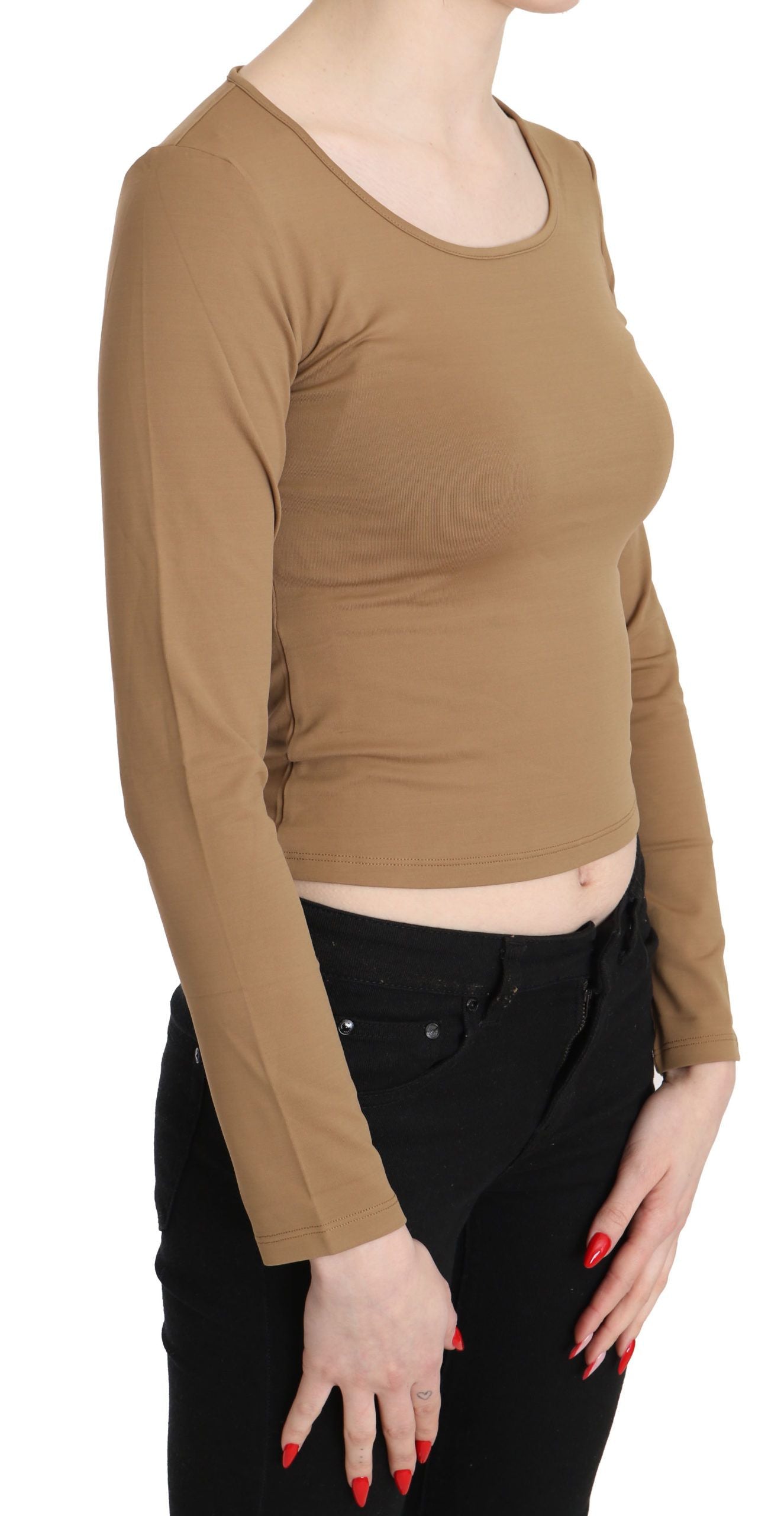 GF Ferre Braune, langärmlige, schmal geschnittene Crop-Top-Bluse mit Rundhalsausschnitt