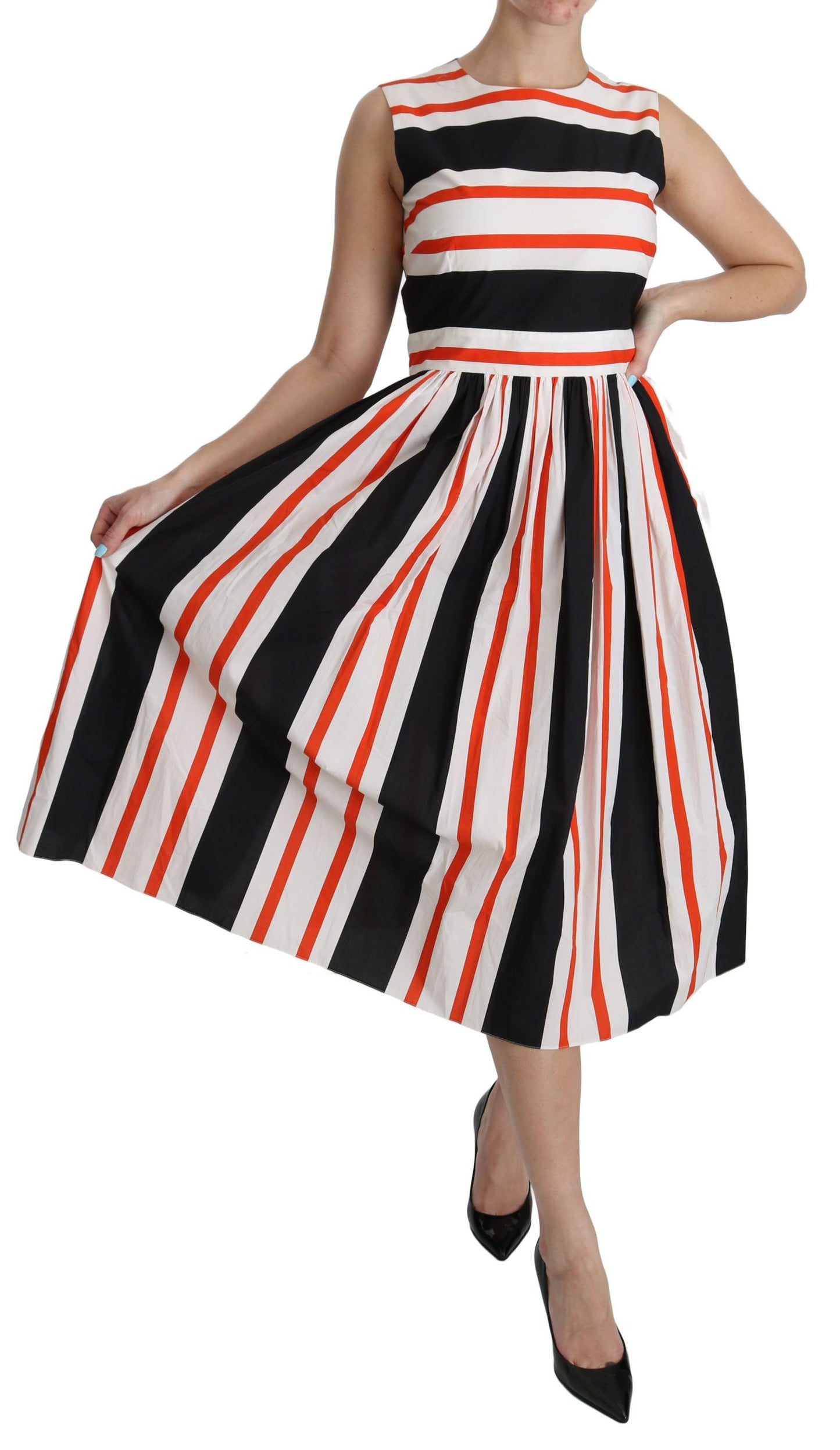 Dolce &amp; Gabbana Multicolor Stripes A-Line Pleated Midi Dress