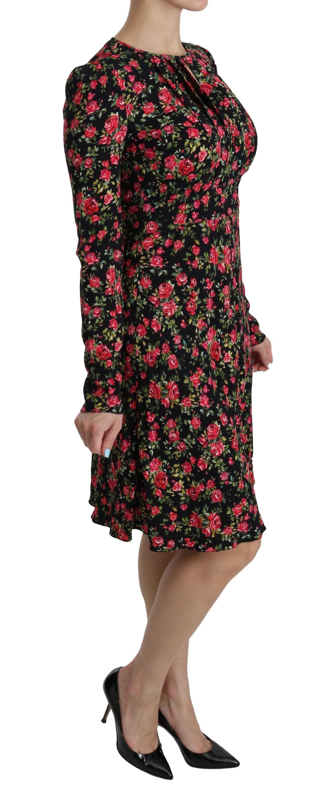 Dolce &amp; Gabbana Black Floral Longsleeve Knee Length Dress