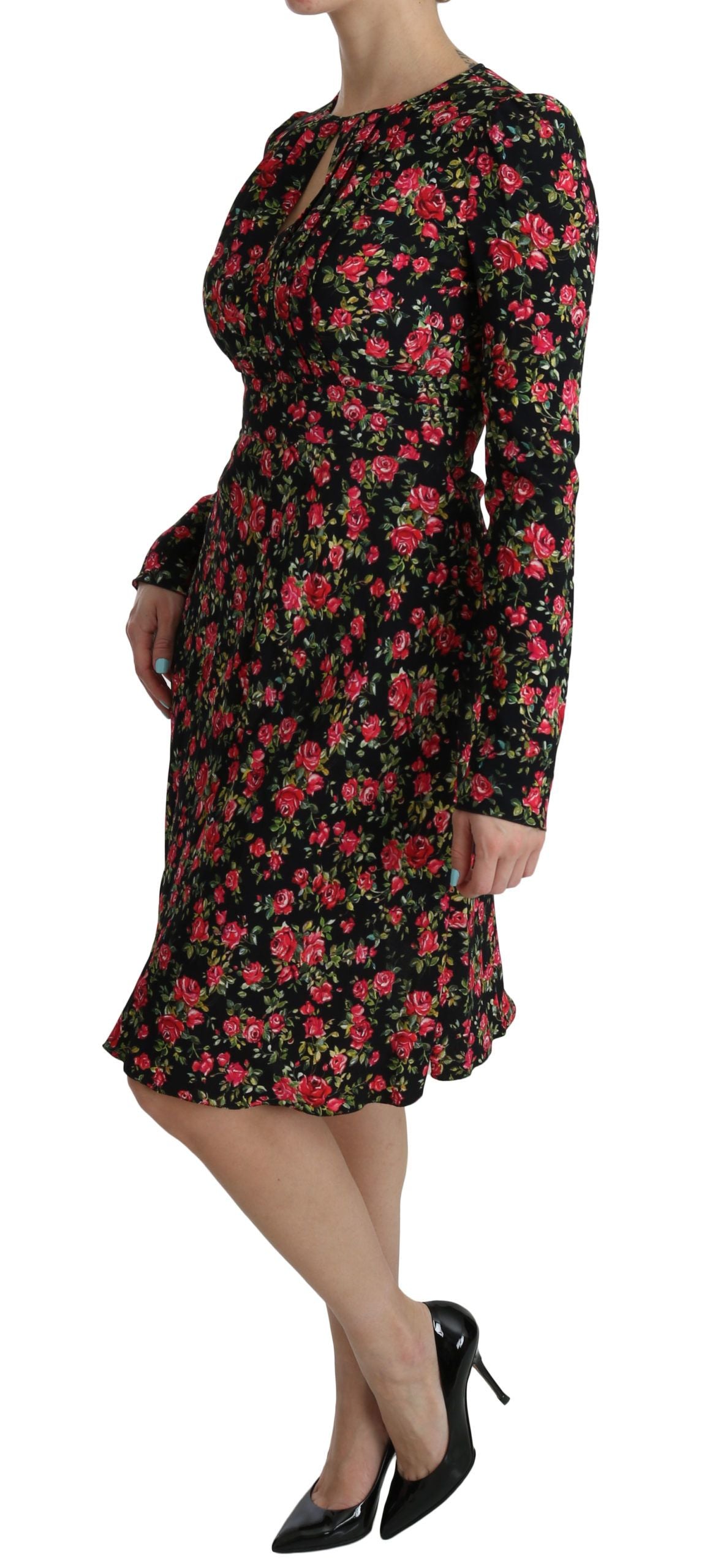 Dolce &amp; Gabbana Black Floral Longsleeve Knee Length Dress