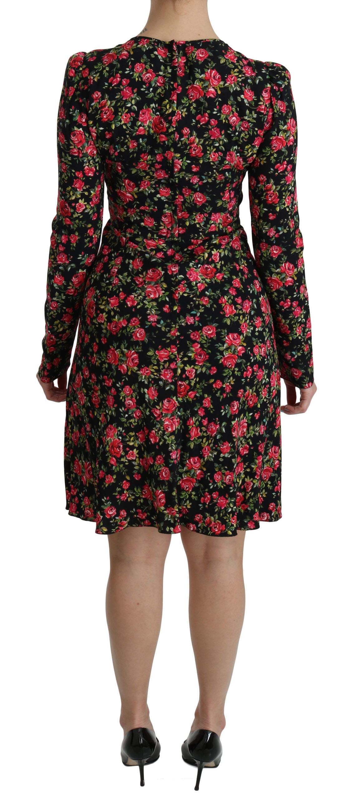 Dolce &amp; Gabbana Schwarzes, langärmeliges, knielanges Kleid mit Blumenmuster