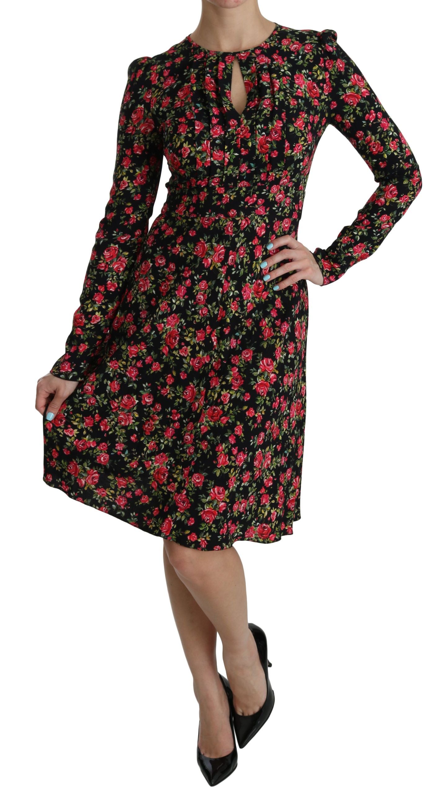 Dolce &amp; Gabbana Black Floral Longsleeve Knee Length Dress