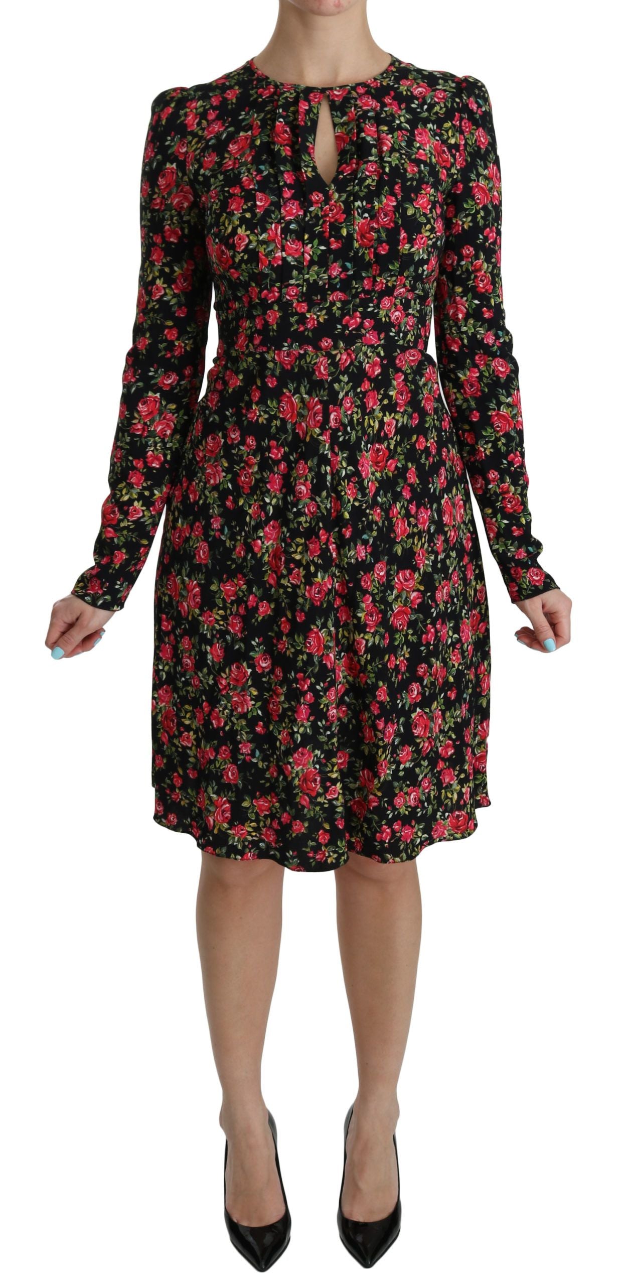 Dolce &amp; Gabbana Black Floral Longsleeve Knee Length Dress