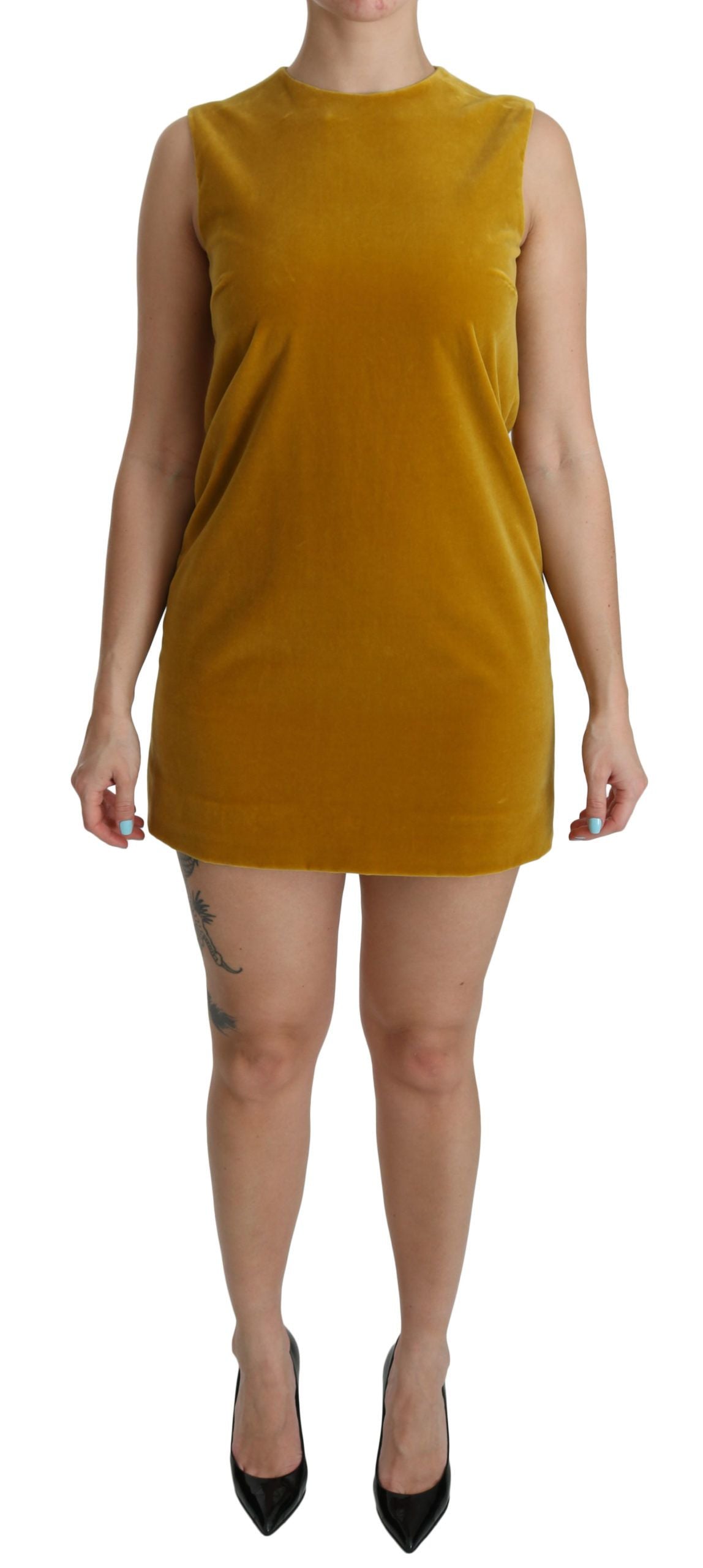 Dolce &amp; Gabbana Mustard Velvet Stretch Shift Mini Dress