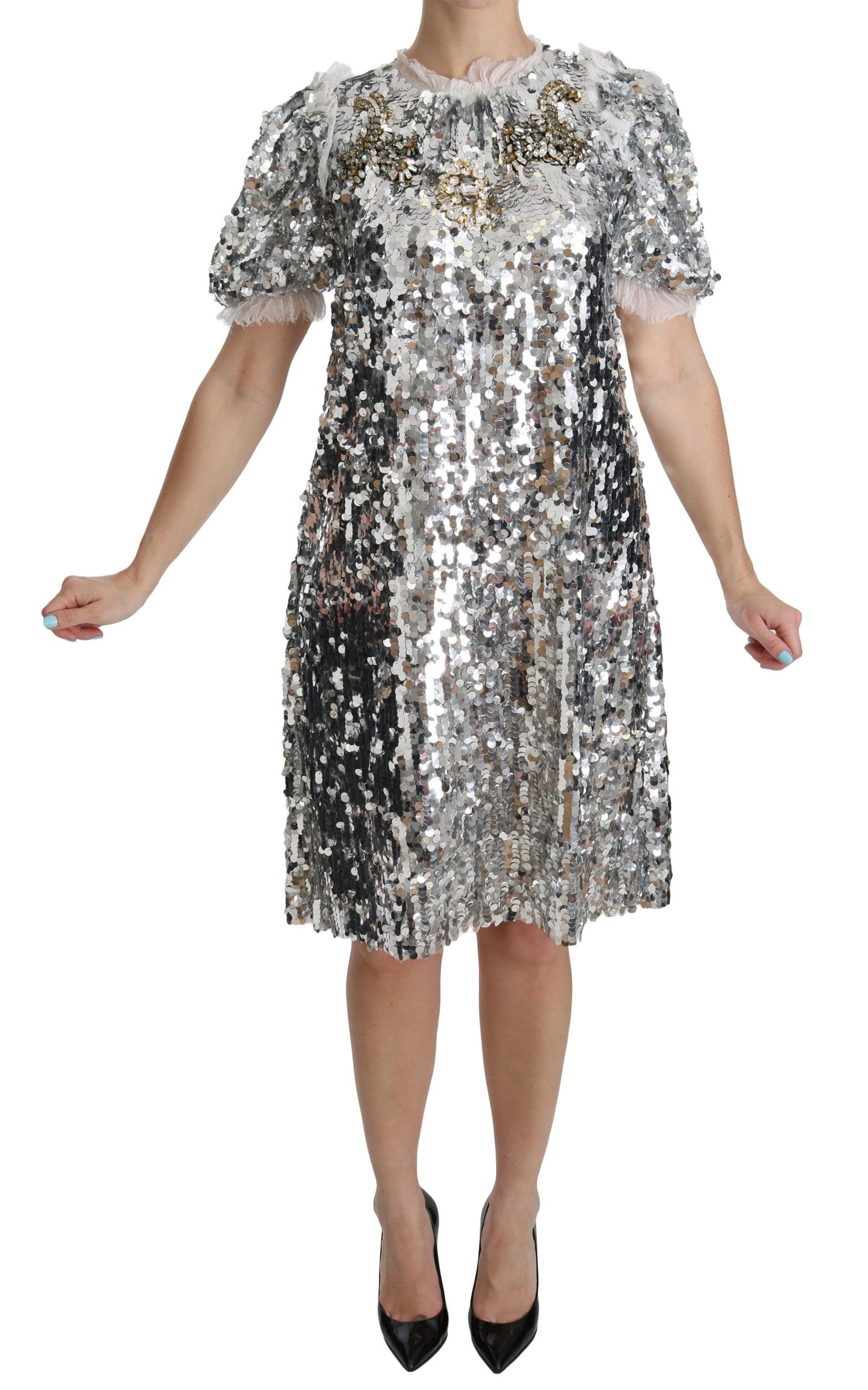 Dolce &amp; Gabbana Silver Sequined Crystal Shift Gown Dress