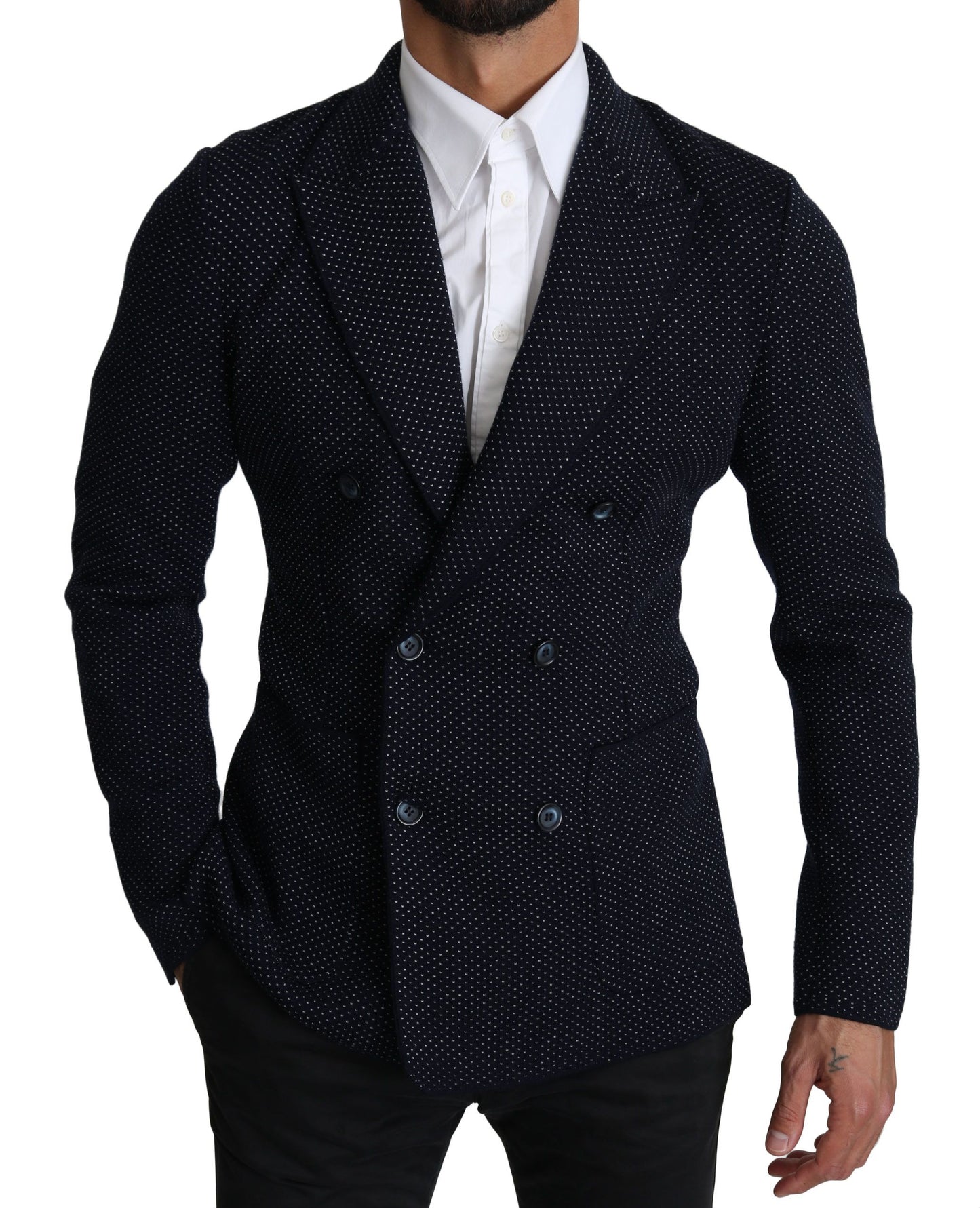 Dolce &amp; Gabbana Dark Blue Dotted Double Breasted Coat Blazer