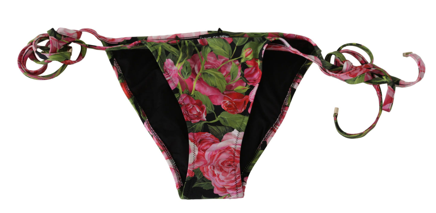 Dolce &amp; Gabbana Black Pink Rose Print Bottom Bikini Beachwear