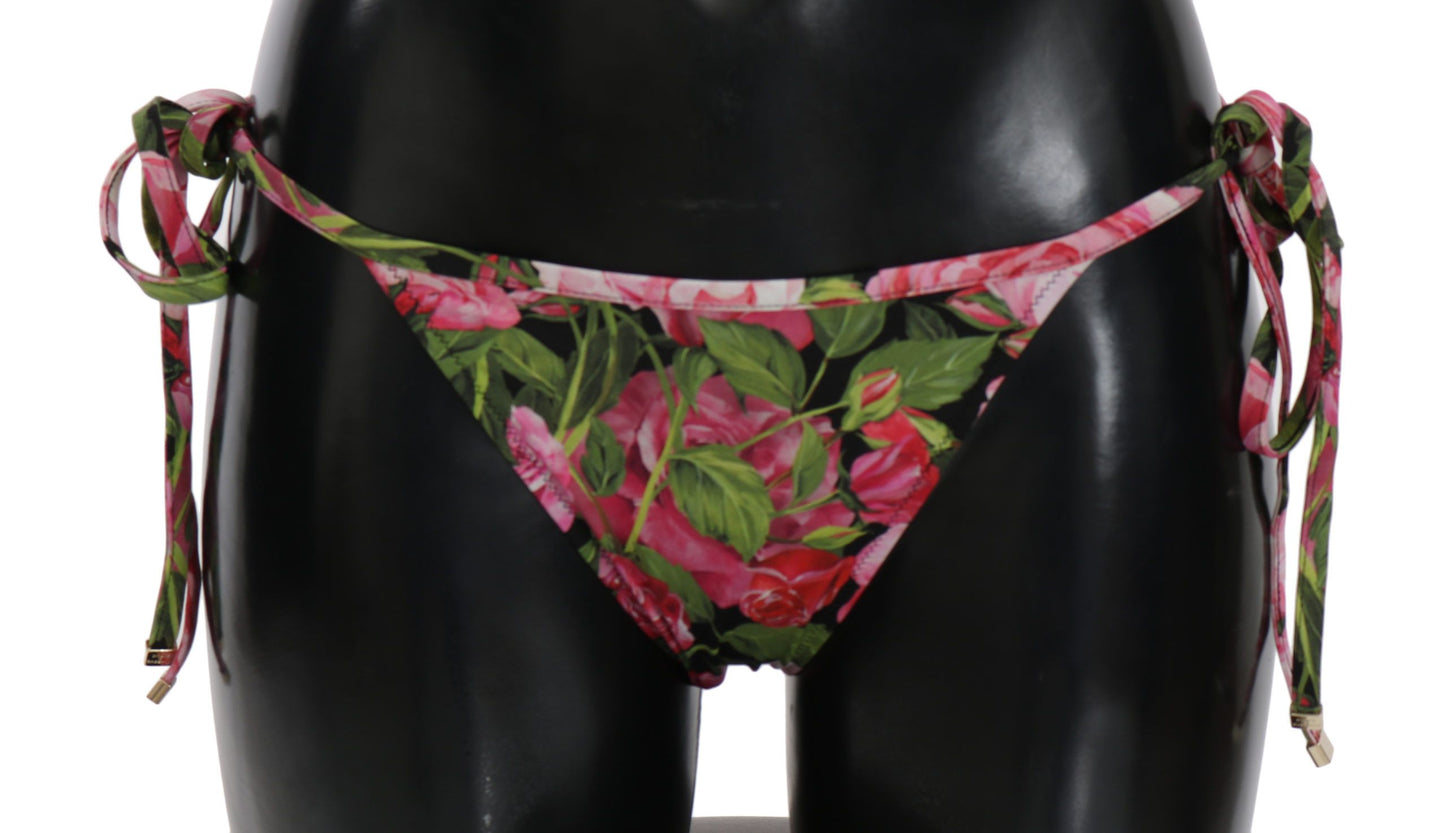 Dolce &amp; Gabbana Schwarz-Rosa-Rosendruck-Unterteil-Bikini-Strandbekleidung