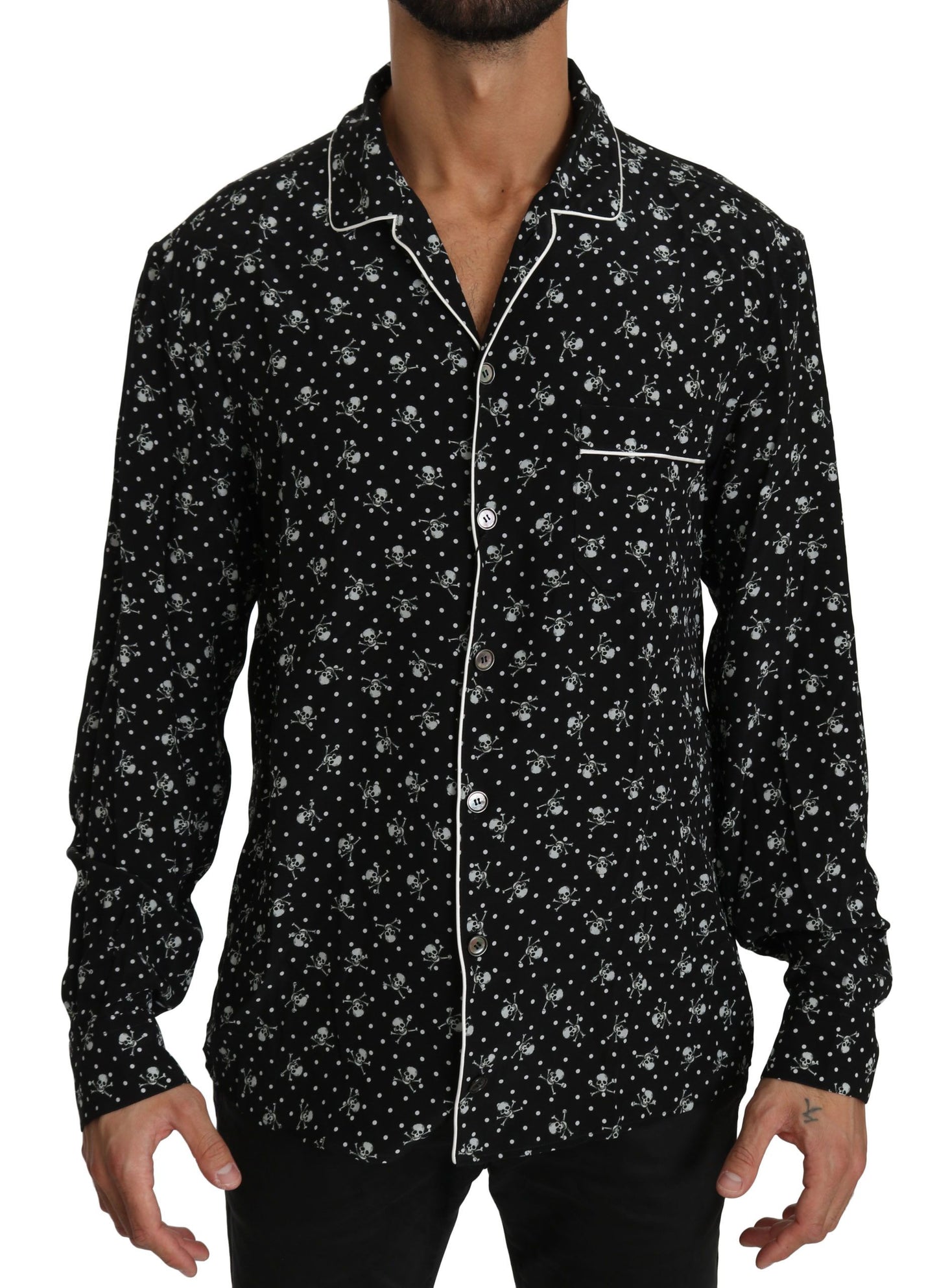 Dolce &amp; Gabbana Schwarzes Seiden-Nachthemd mit Totenkopf-Print