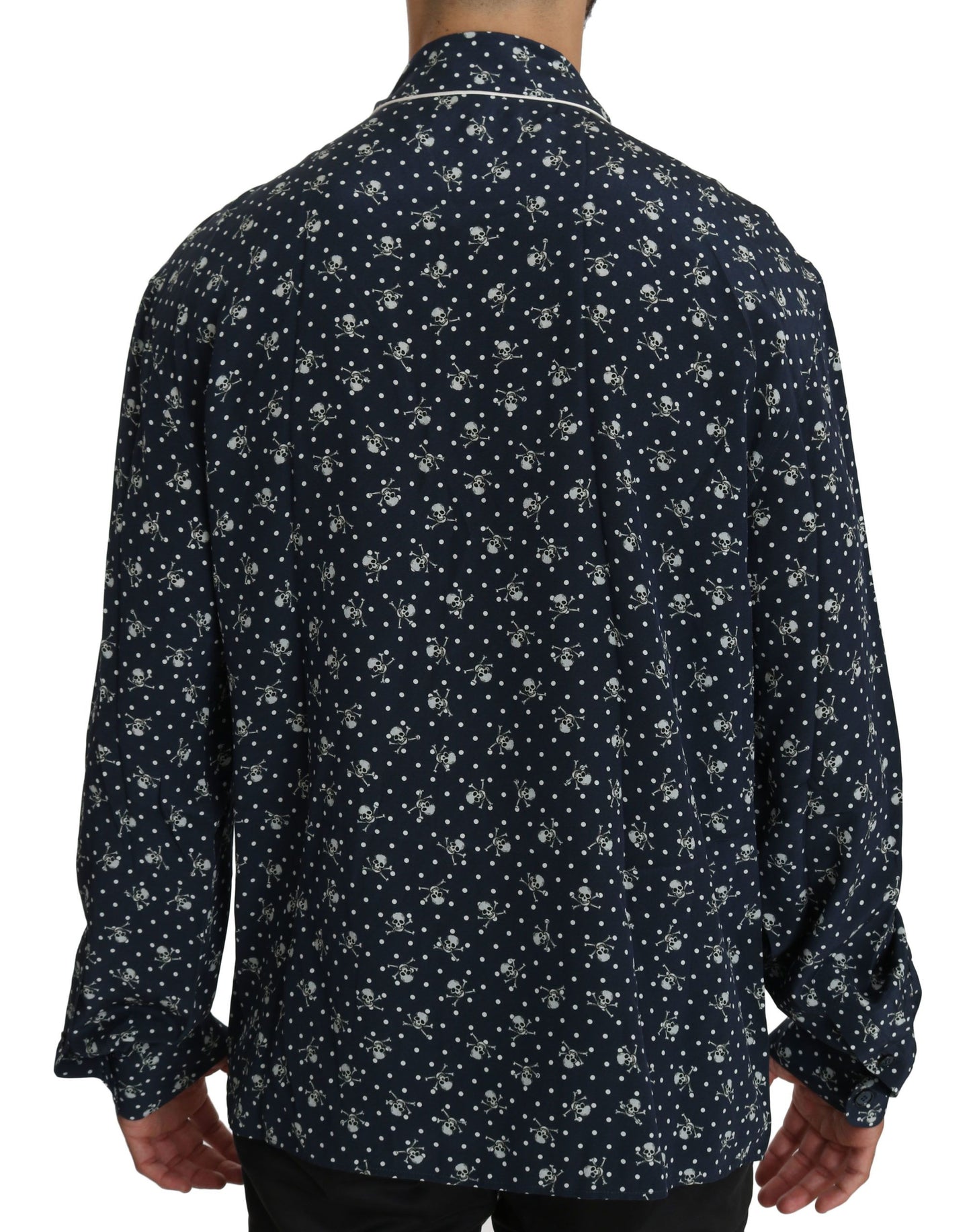 Dolce &amp; Gabbana Blaues Schlafshirt aus Seide mit Totenkopf-Print