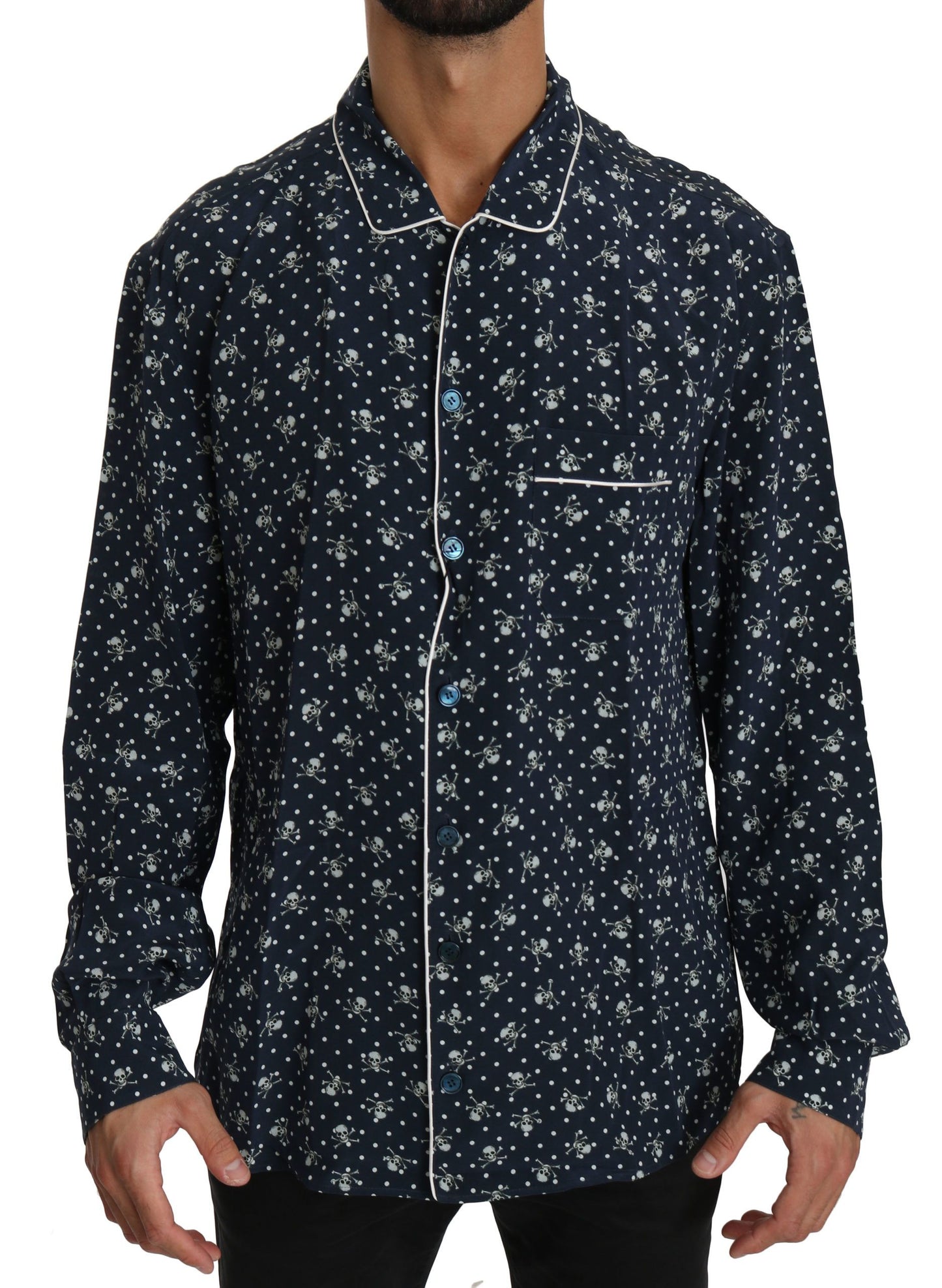 Dolce &amp; Gabbana Blue Skull Print Silk Top Sleepwear Shirt