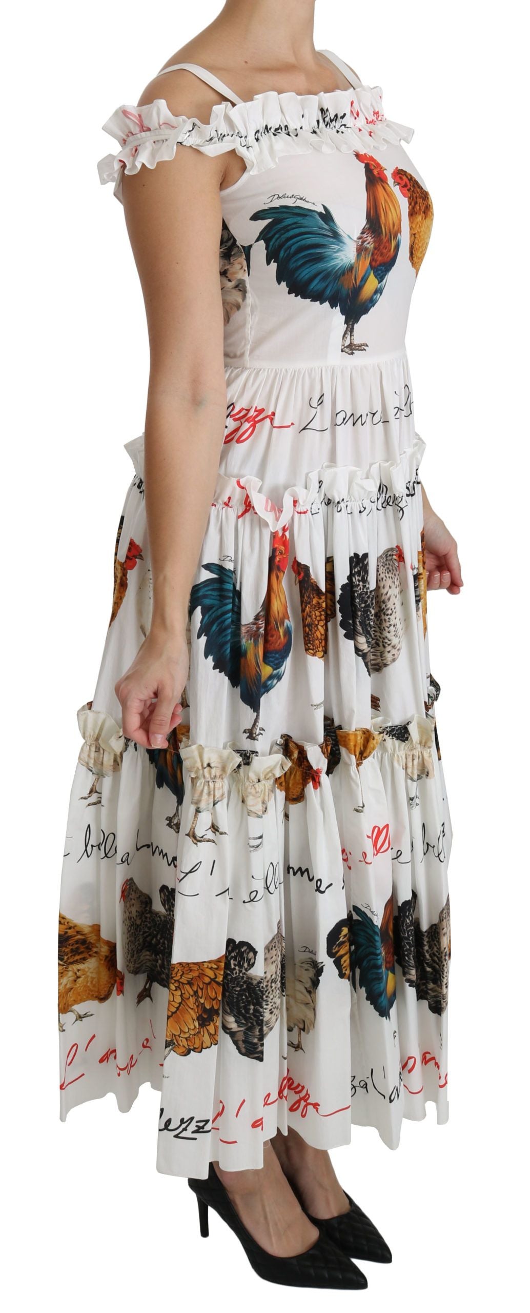 Dolce &amp; Gabbana White Rooster Sheath Midi Cotton Dress