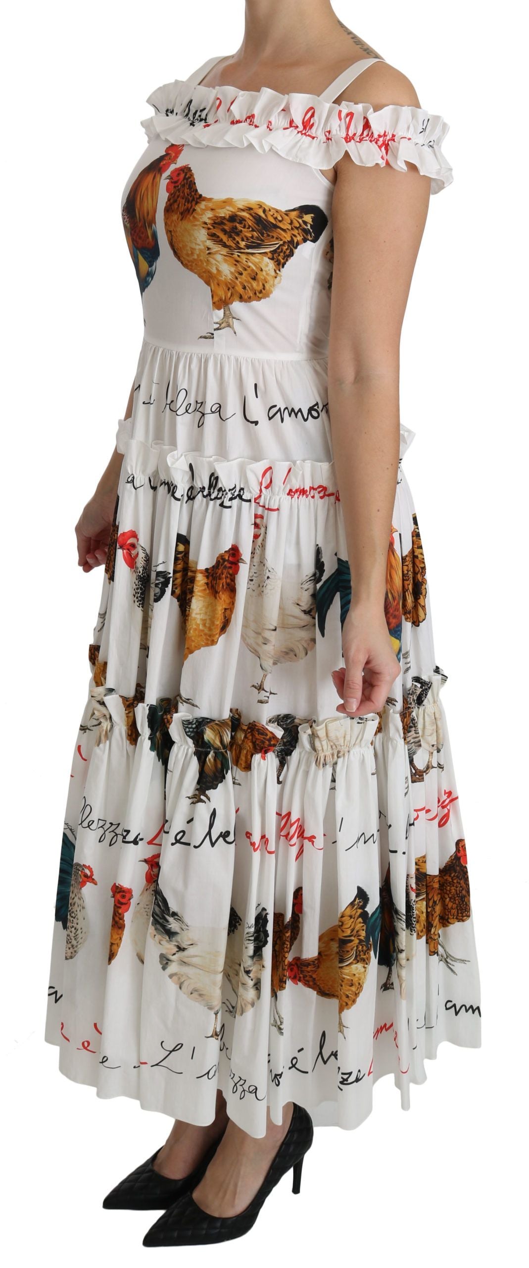 Dolce &amp; Gabbana White Rooster Sheath Midi Cotton Dress