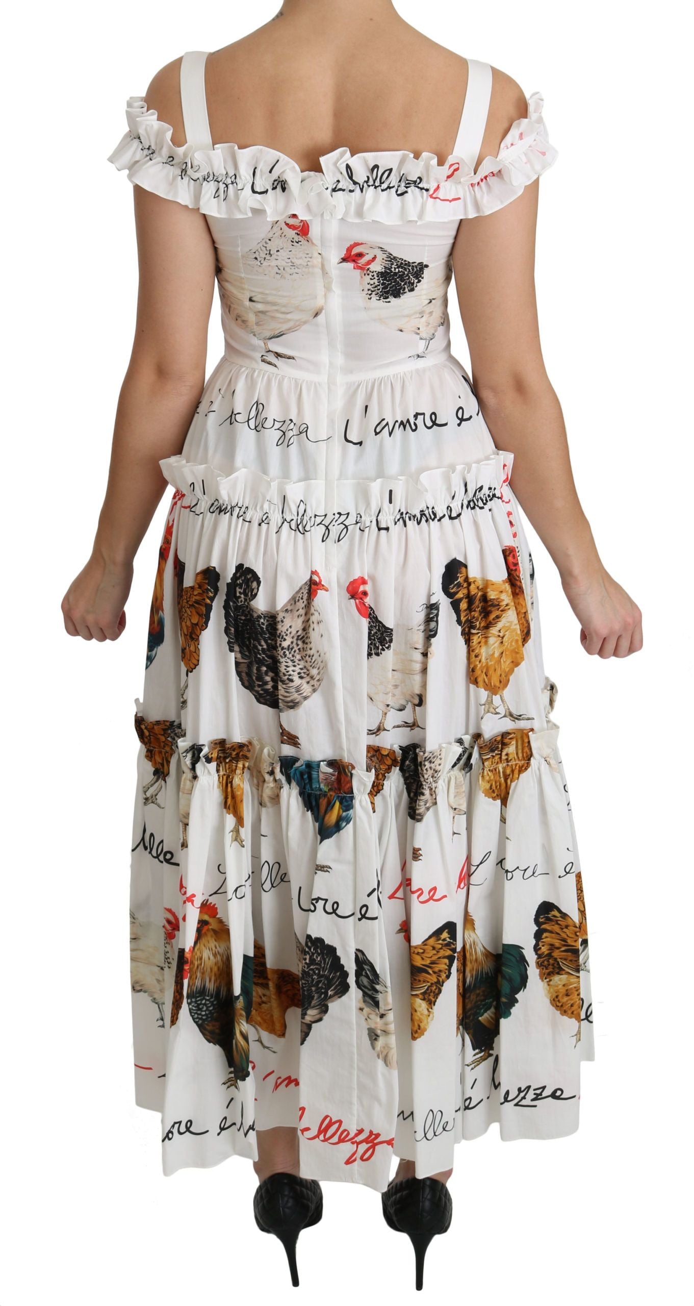 Dolce & Gabbana Elegant White Rooster Print Sheath Midi Dress