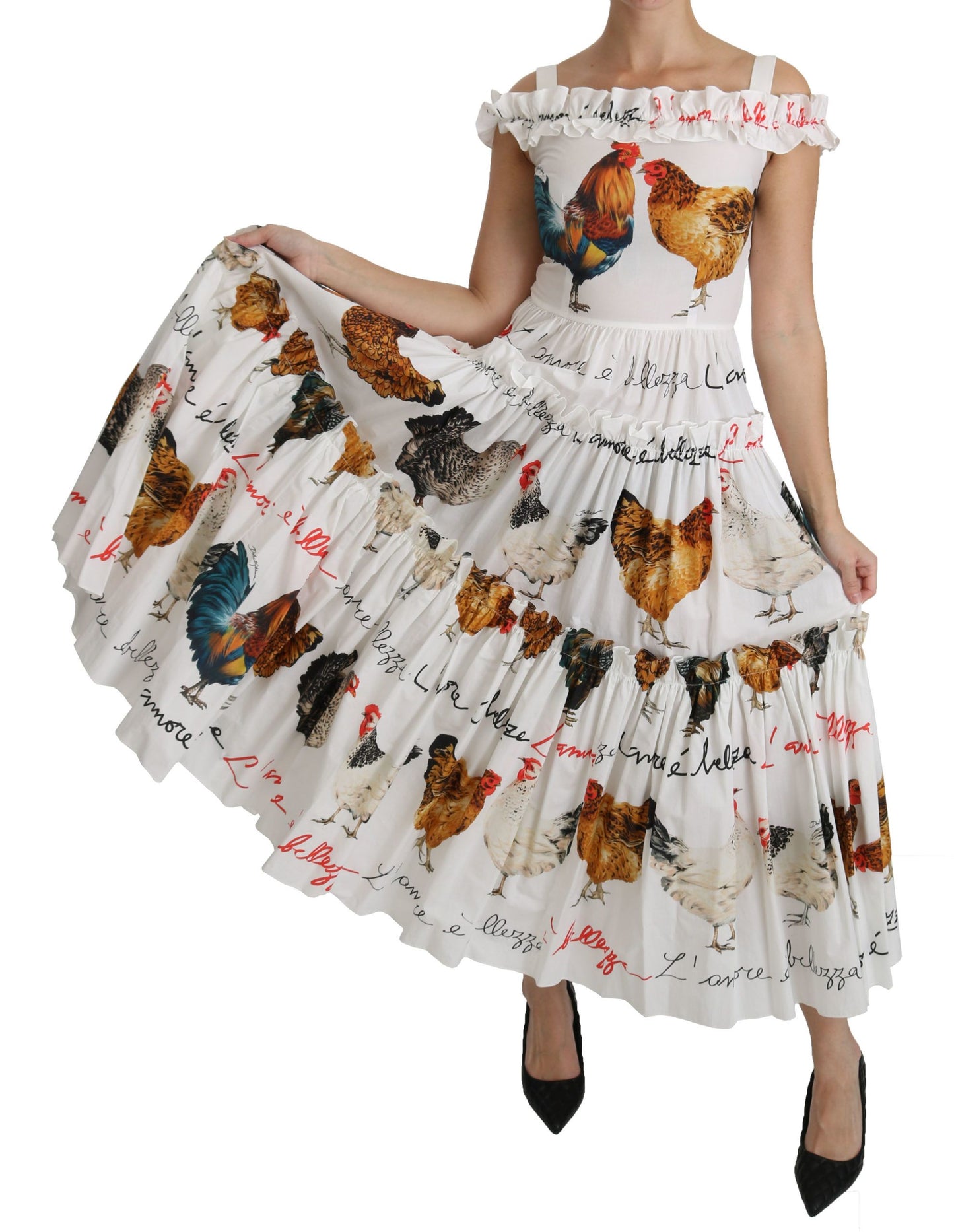 Dolce &amp; Gabbana White Rooster Sheath Midi Cotton Dress