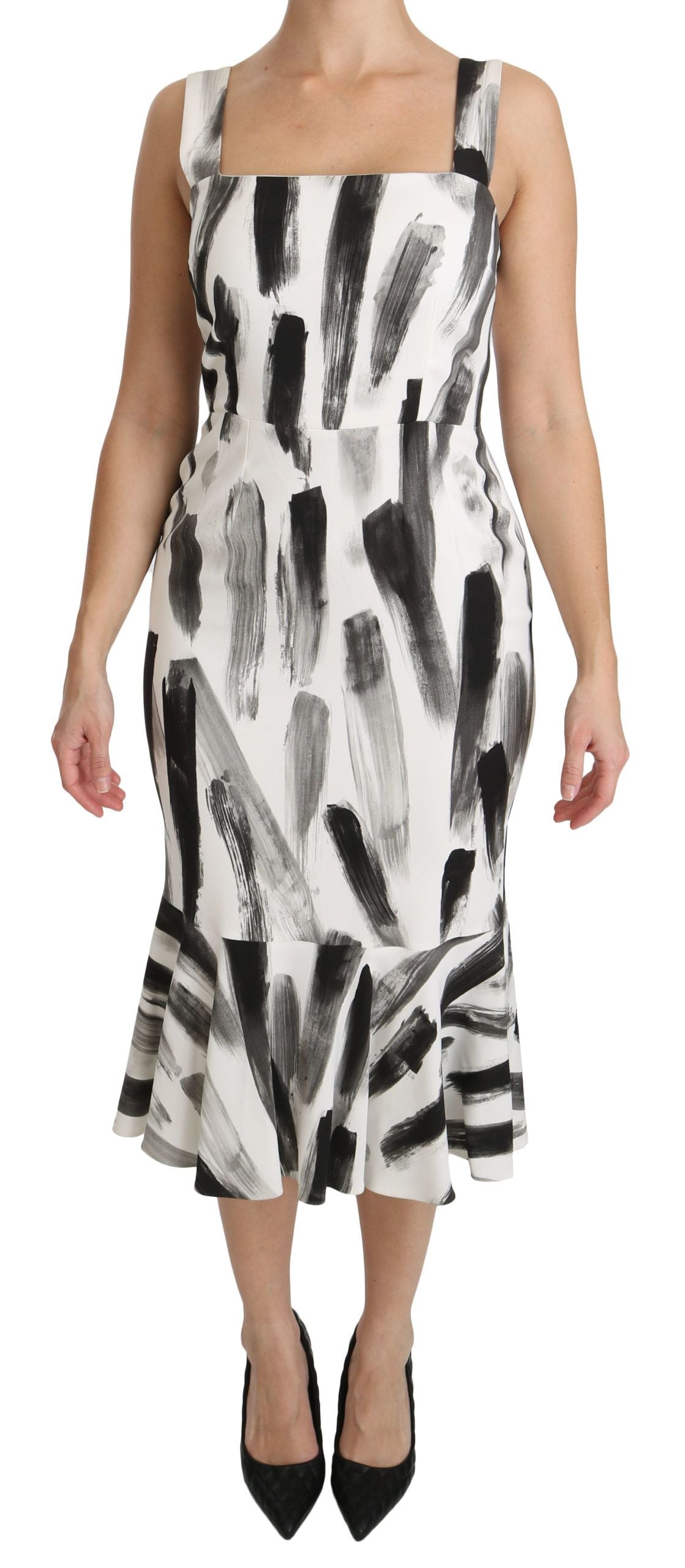 Dolce &amp; Gabbana White Black Printed Sheath Midi Viscose Dress