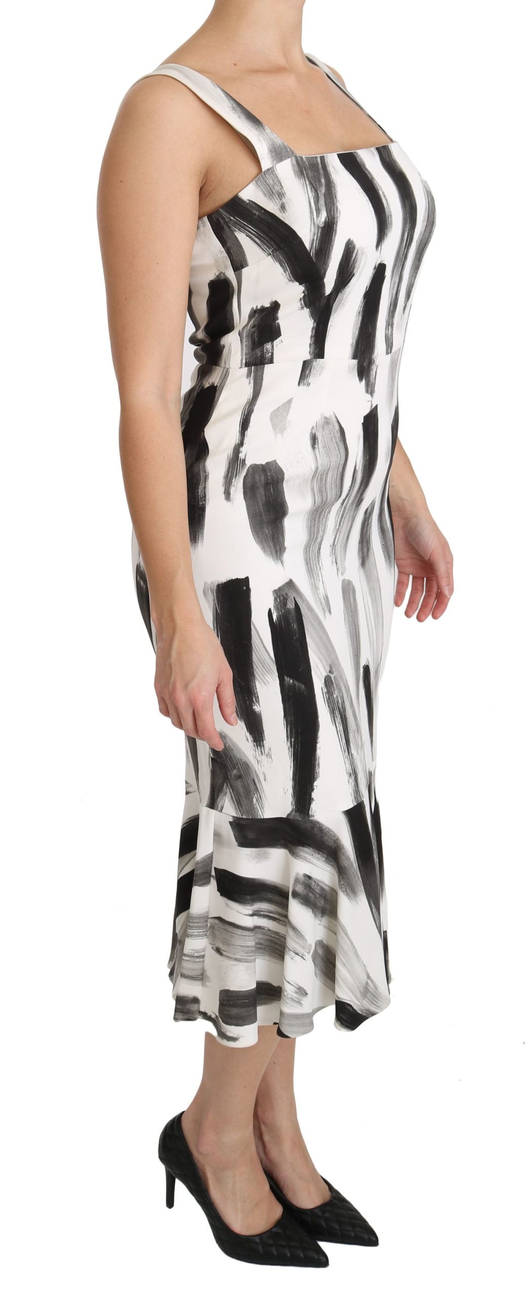 Dolce &amp; Gabbana White Black Printed Sheath Midi Viscose Dress