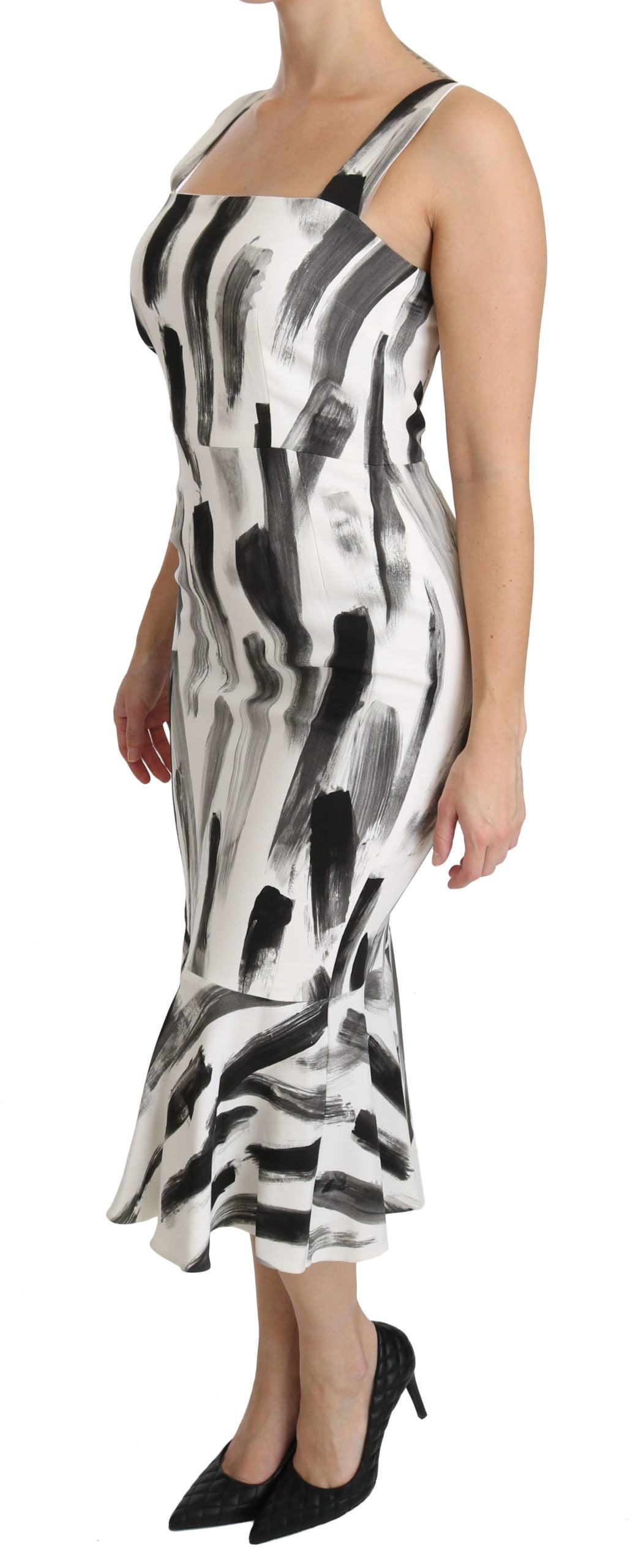 Dolce &amp; Gabbana White Black Printed Sheath Midi Viscose Dress