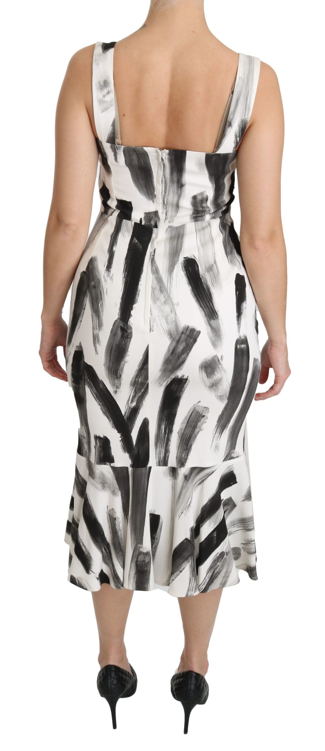 Dolce &amp; Gabbana White Black Printed Sheath Midi Viscose Dress