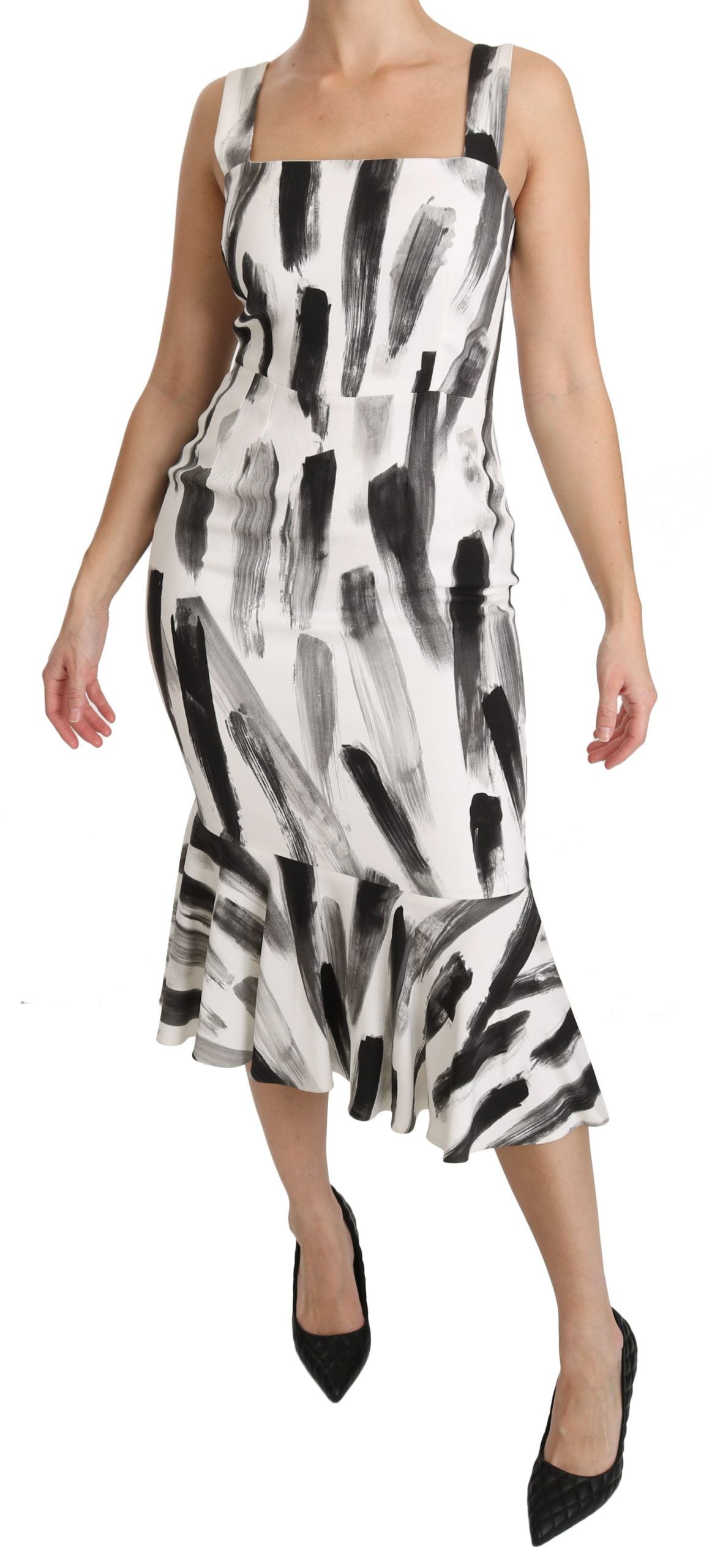 Dolce &amp; Gabbana White Black Printed Sheath Midi Viscose Dress