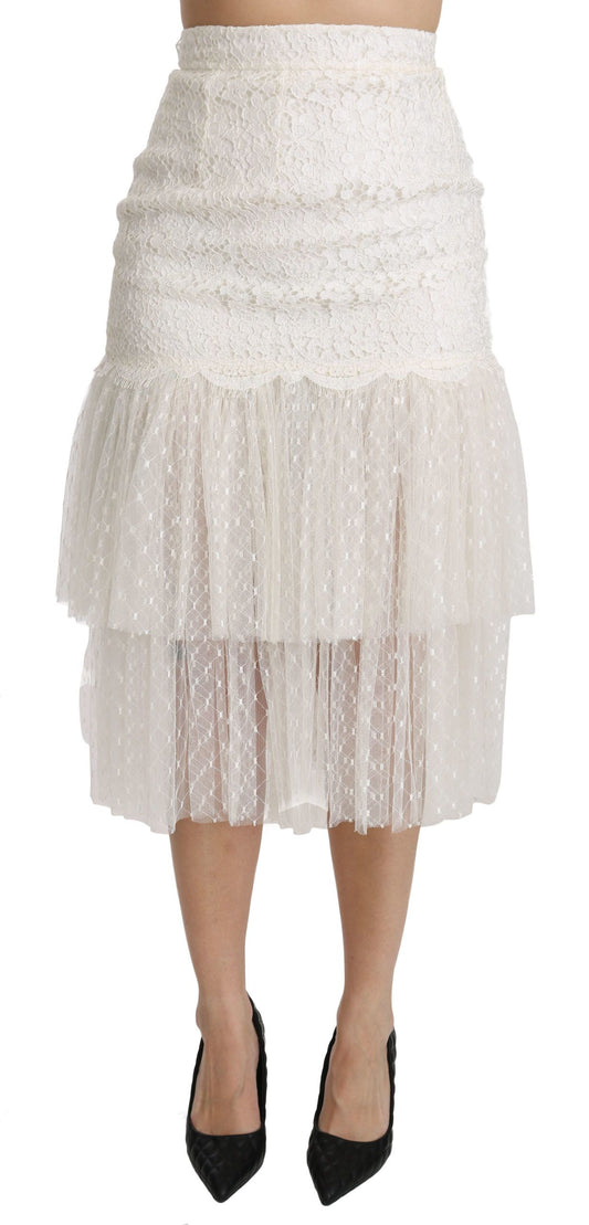 Dolce &amp; Gabbana White Lace Layered High Waist Midi Cotton Skirt