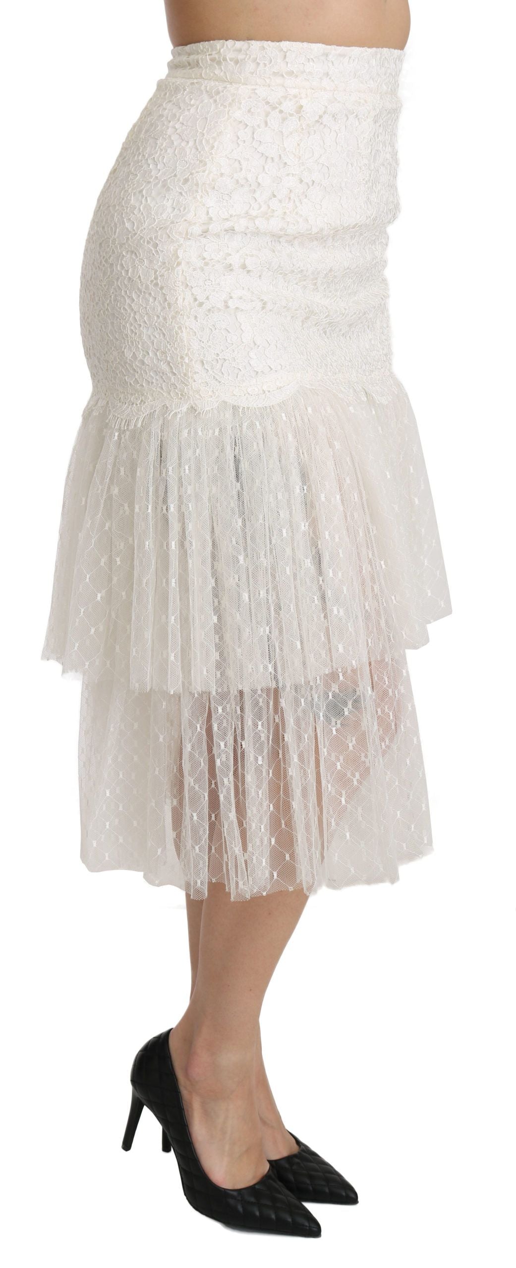 Dolce &amp; Gabbana White Lace Layered High Waist Midi Cotton Skirt