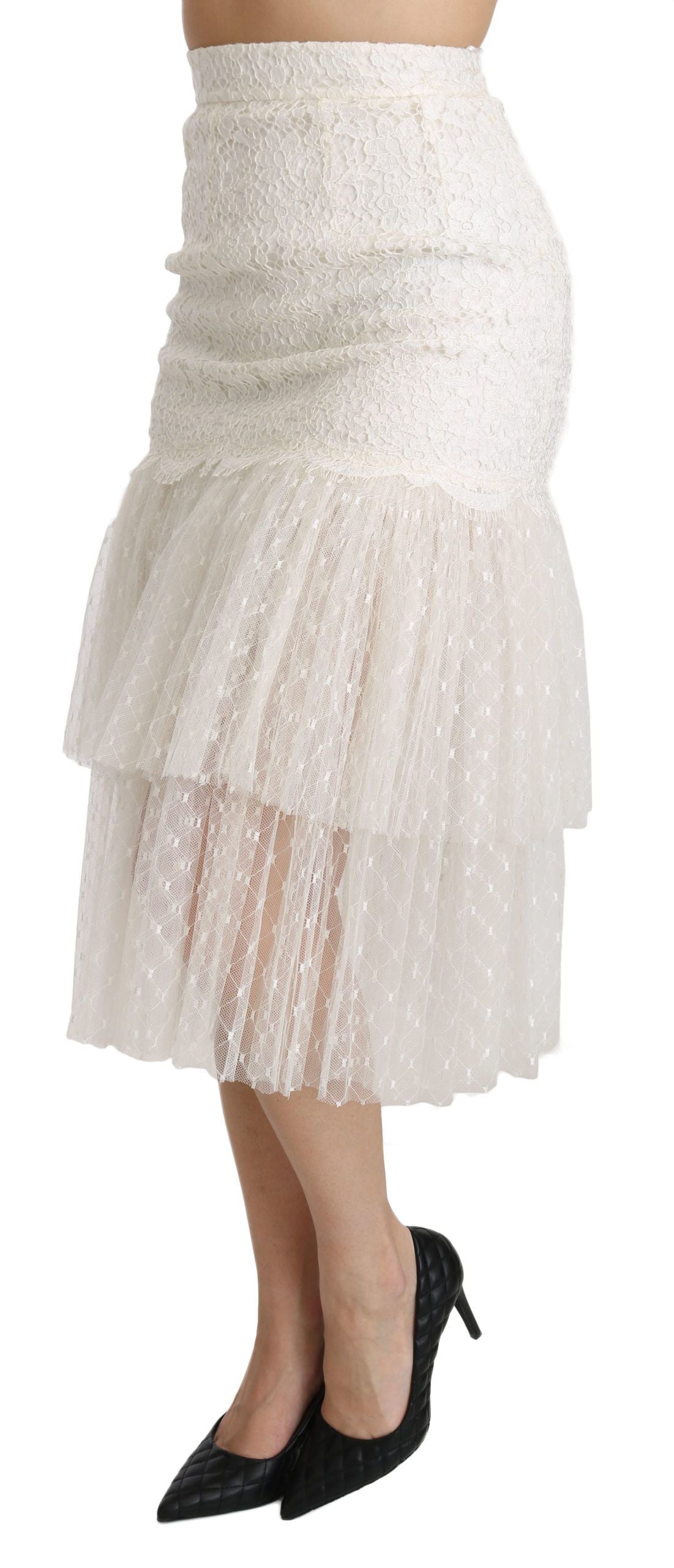 Dolce &amp; Gabbana White Lace Layered High Waist Midi Cotton Skirt