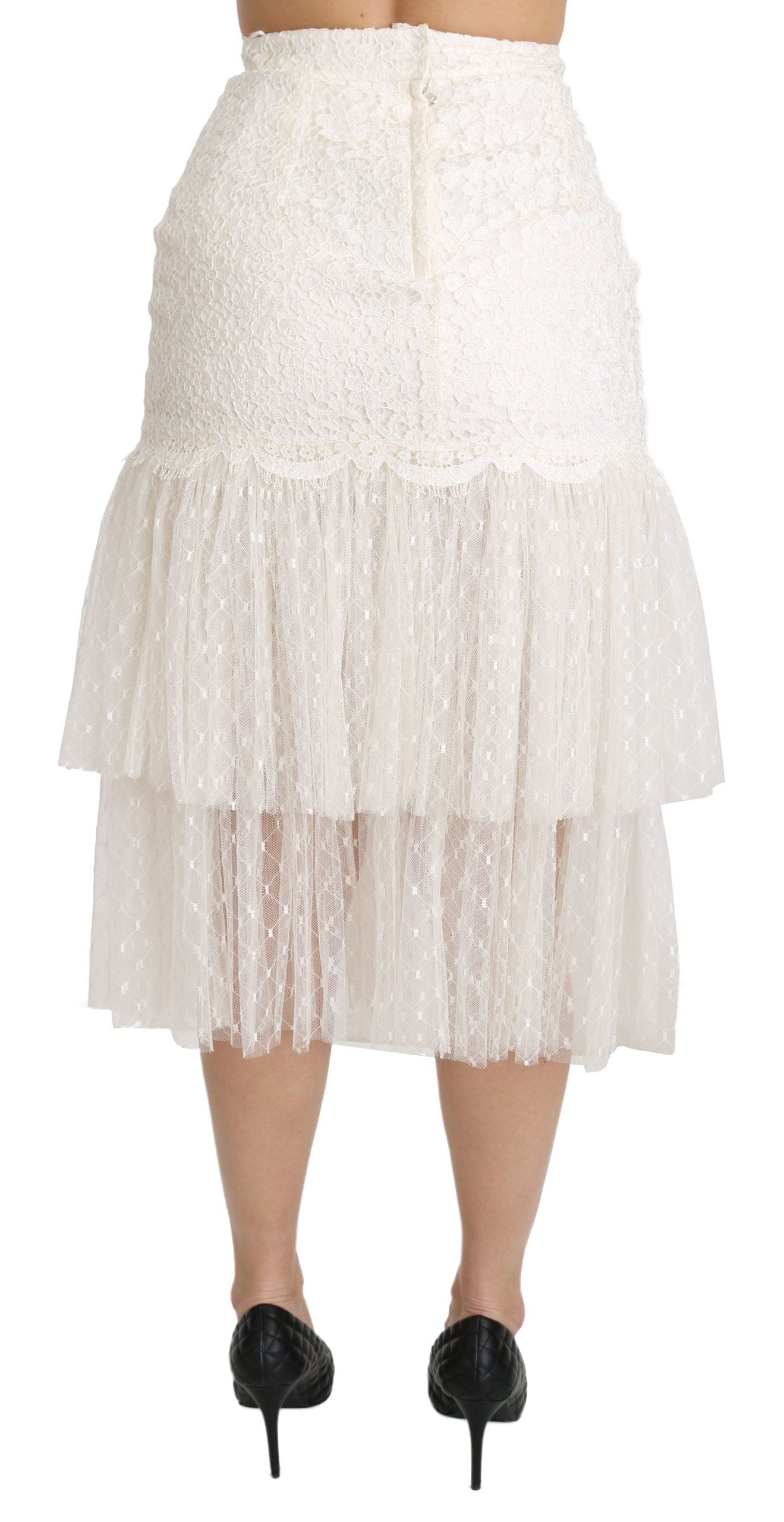 Dolce &amp; Gabbana White Lace Layered High Waist Midi Cotton Skirt