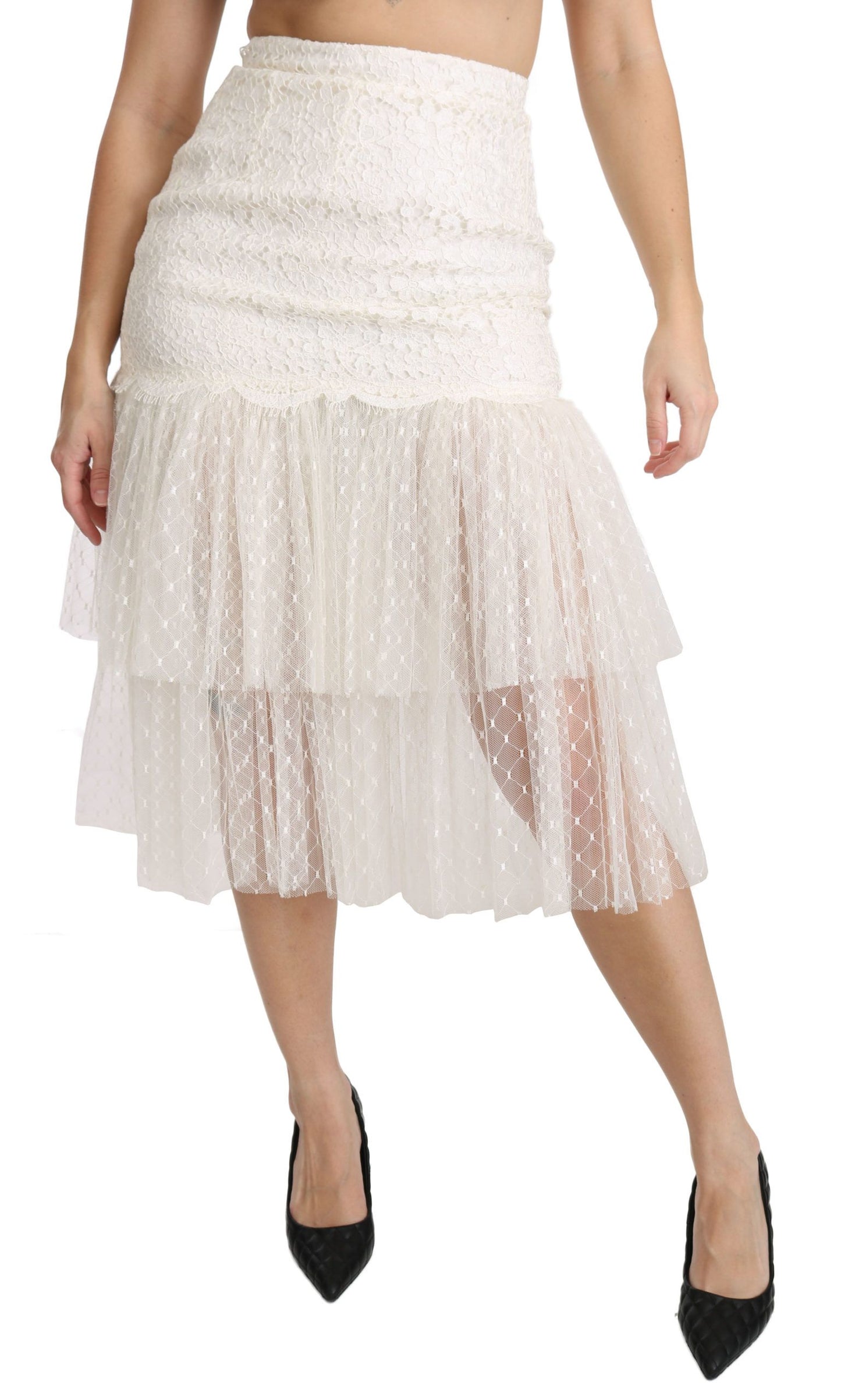 Dolce &amp; Gabbana White Lace Layered High Waist Midi Cotton Skirt